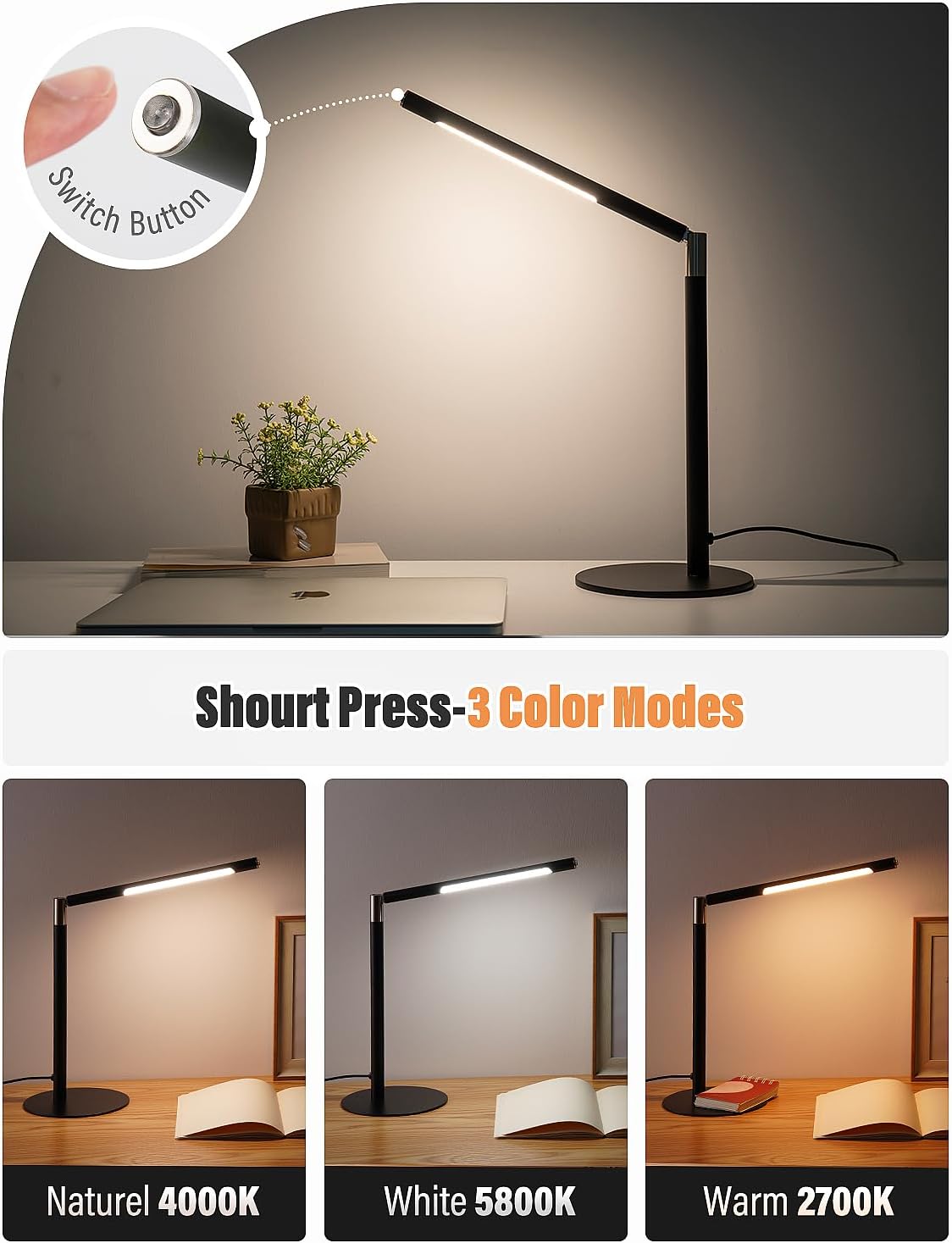 LED Desk Lamp, Home Office Eye Lamp, 3 Modes, Infinitely Adjustable Brightness, Metal, Multi-Angle Adjustment, Detachable Desk Lamp with USB (Black)