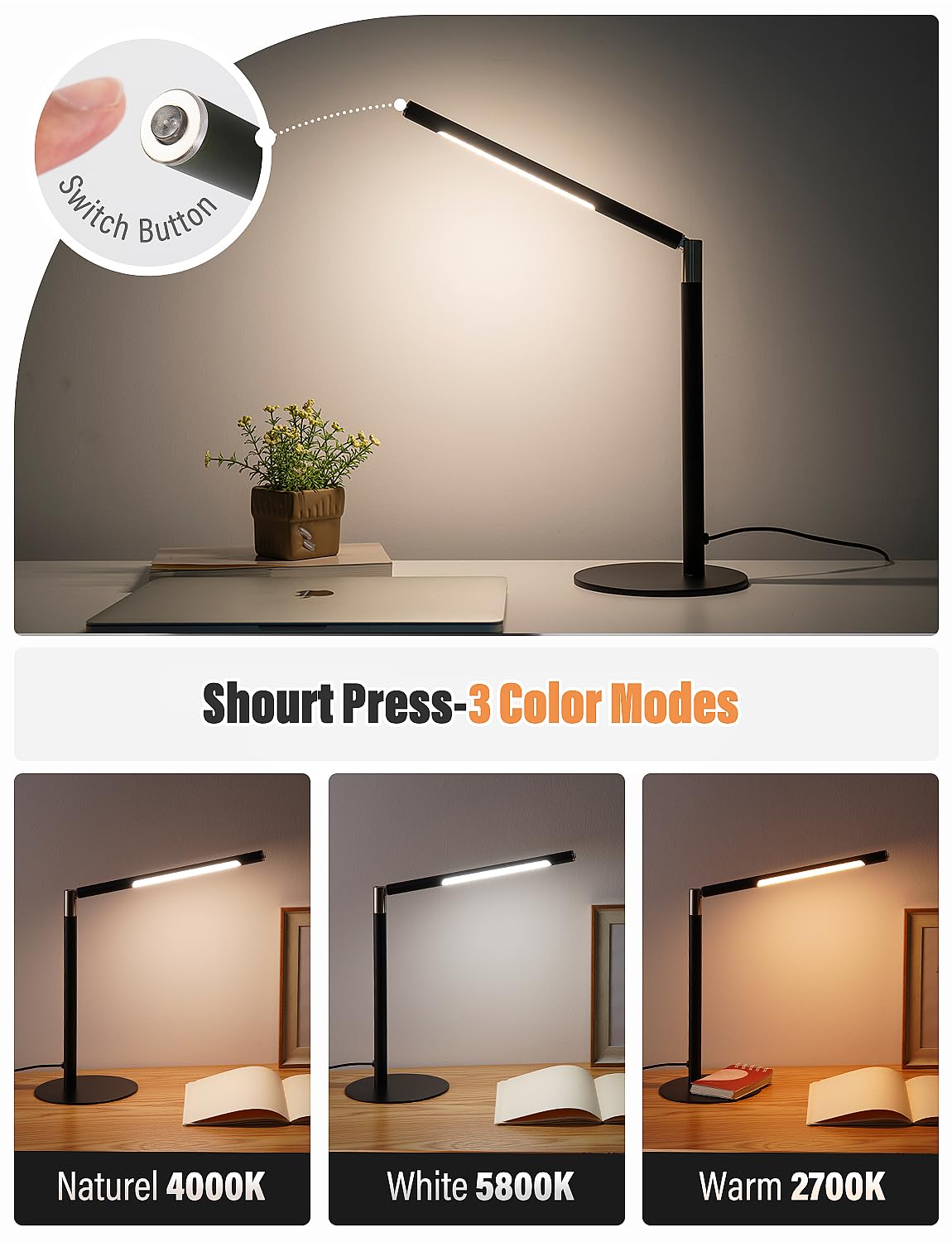Lampada da scrivania a LED, lampada da scrivania per casa e ufficio, 3 modalità, luminosità infinitamente regolabile, in metallo, regolazione multi-angolo, lampada da scrivania rimovibile