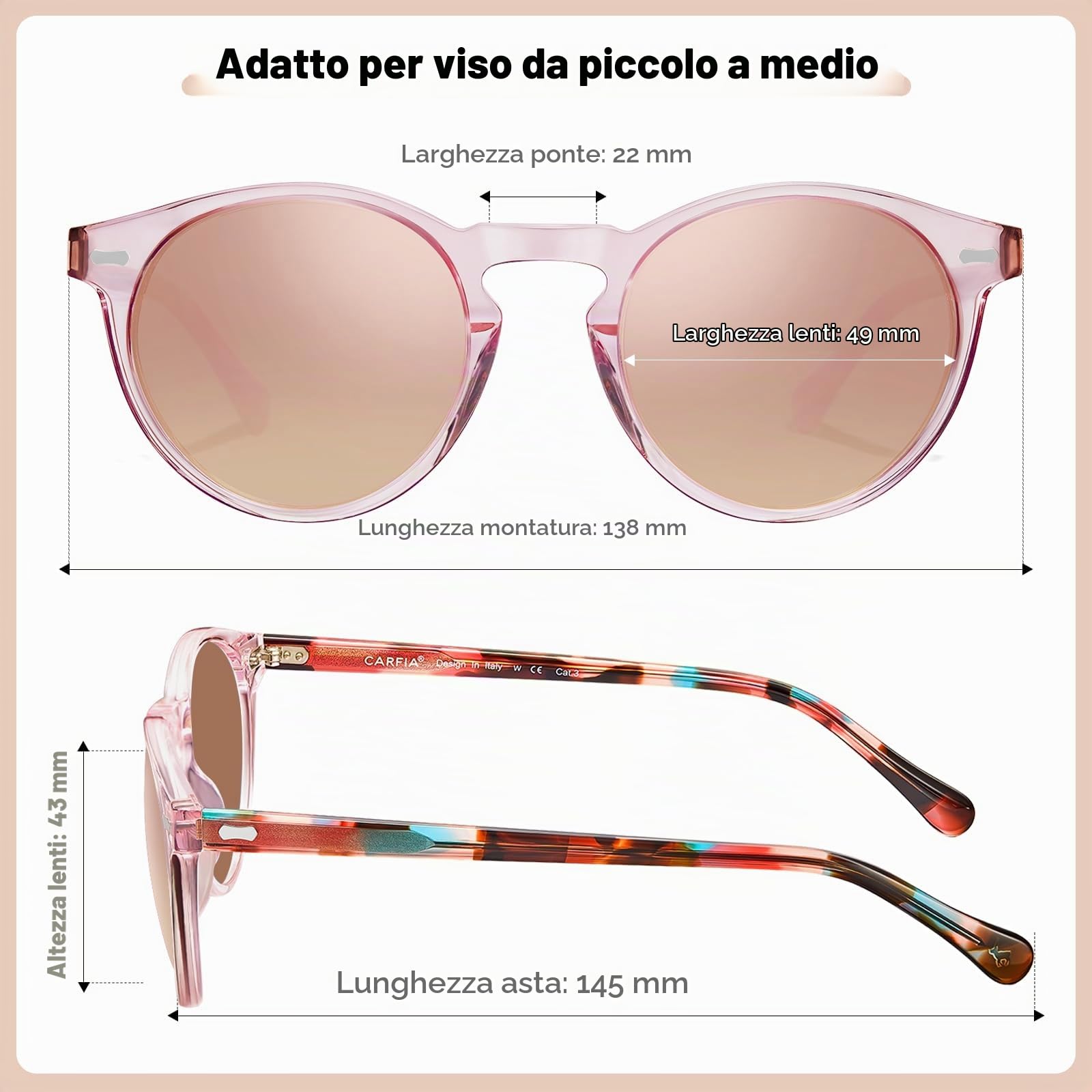Carfia Retro Rotondi Occhiali da Sole da Donna Polarizzati UV400 CA5288C | Telaio Rosa Trasparente Lente Rosa, lenti HD antigraffio, blocca il 100% dei raggi UVA/UVB/UVC, Montatura in acetato