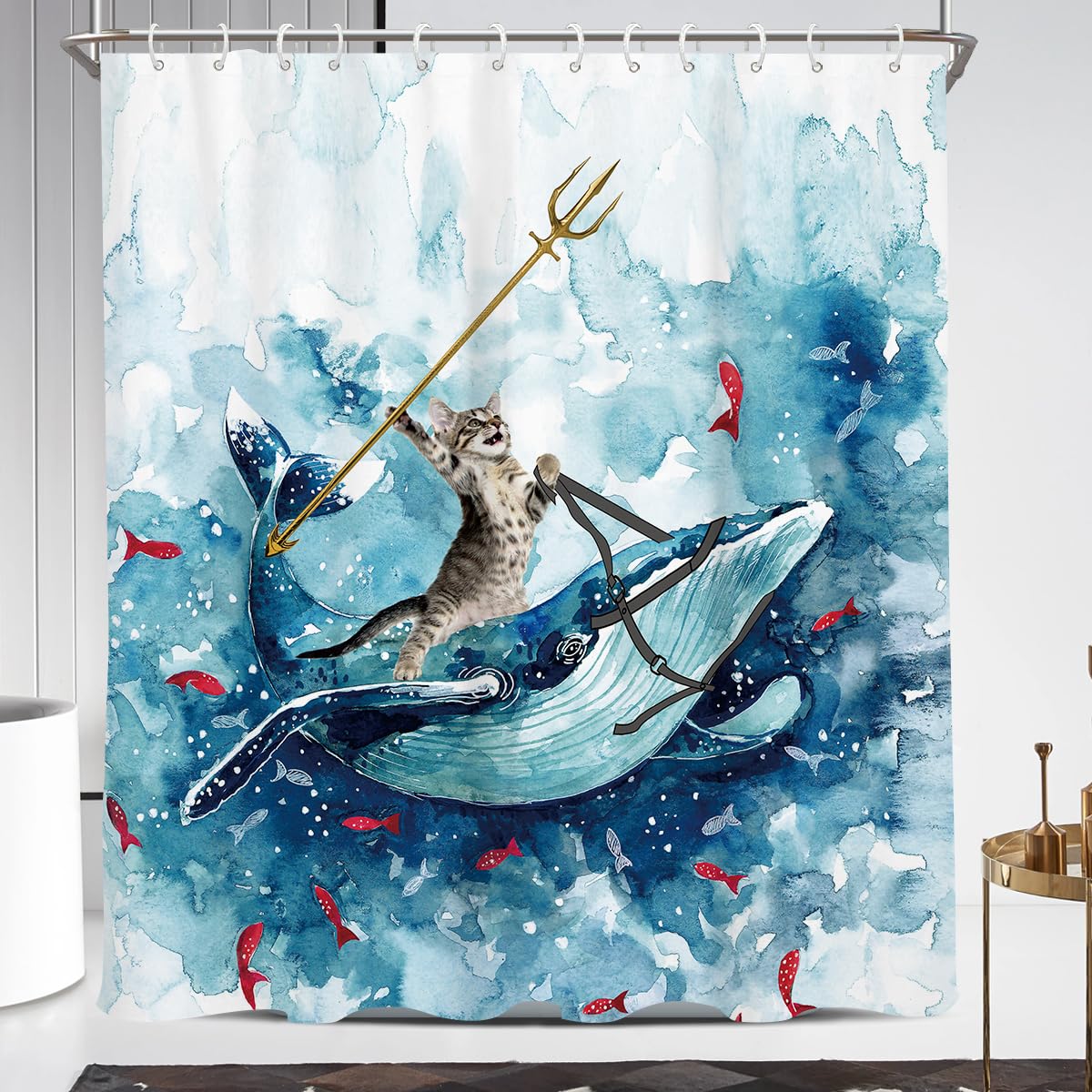 Coxila Funny Cat Shower Curtain Extra Long Riding Whale Ocean Cute Fun Cool Kids Anime Nautical Beach Theme Sea Wave Fish Bathroom 72 x 84 Inch