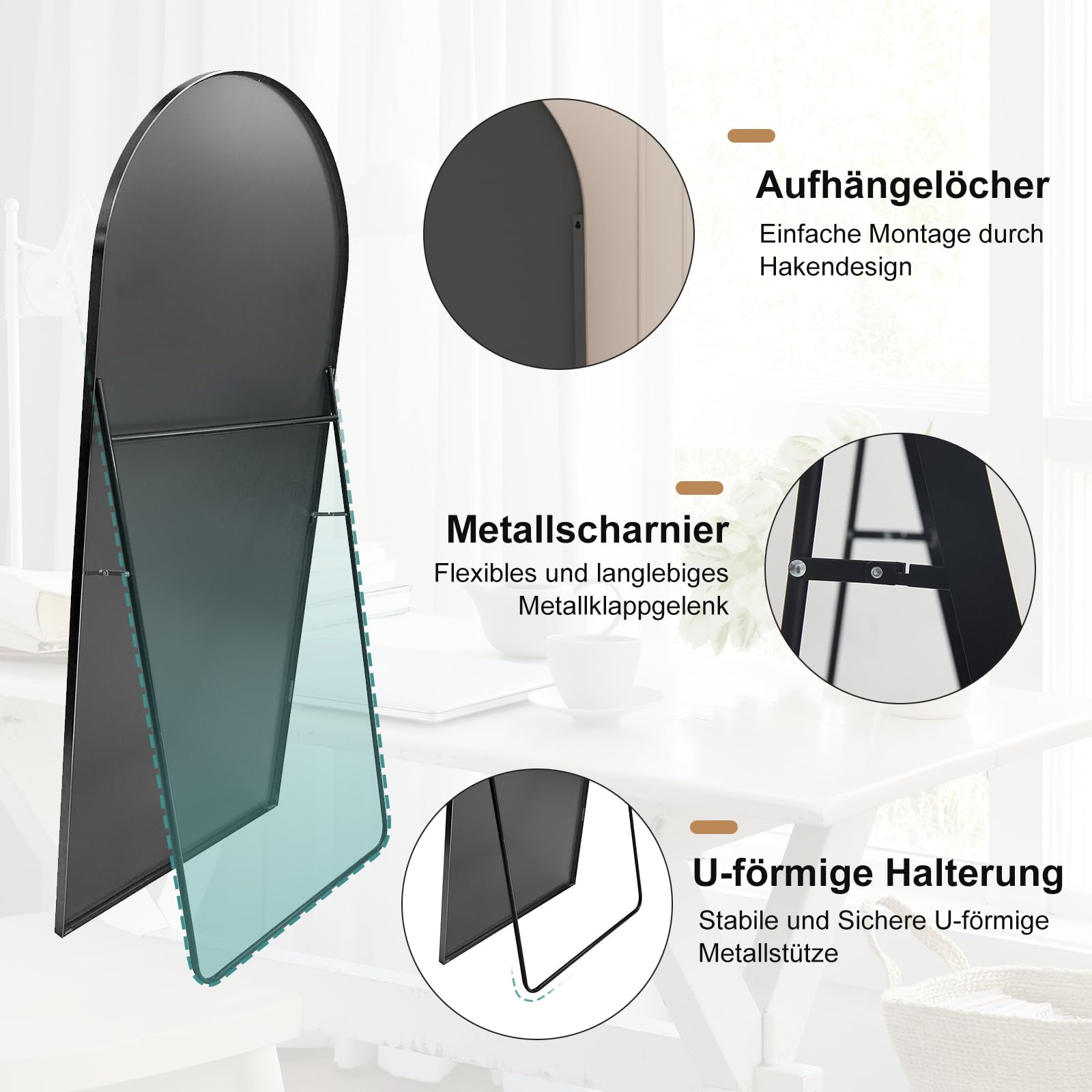 Standspiegel mit Aluminiumrahmen, 162 x 53 cm dekorative Wandspiegel mit gewölbtem Top, Boden großer Spiegel Standspiegel, groß Ganzkörperspiegel, Spiegel für das Badezimmer mit Ständer, Schwarz