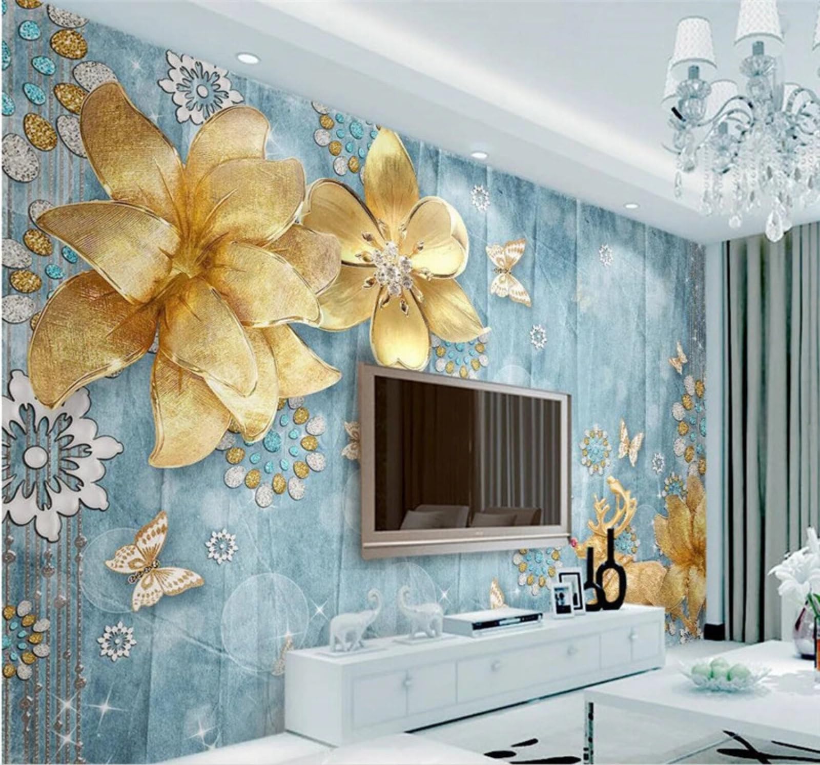 Three Dimensional Luxury Gold Flowers Butterflies 3D Wallpaper Easy Install Feature Office Living Room Sofa Bedroom TV Background Wall Decoration-400cm×280cm