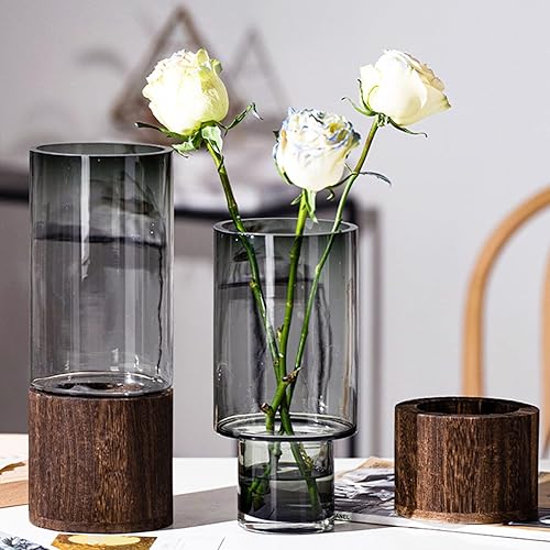 Miniatura 7 de TSYFM Florero de cristal con base de madera, jarrones grises de lujo creativos de lujo de 10 pulgadas de alto, jarrones cilíndricos para centros de
