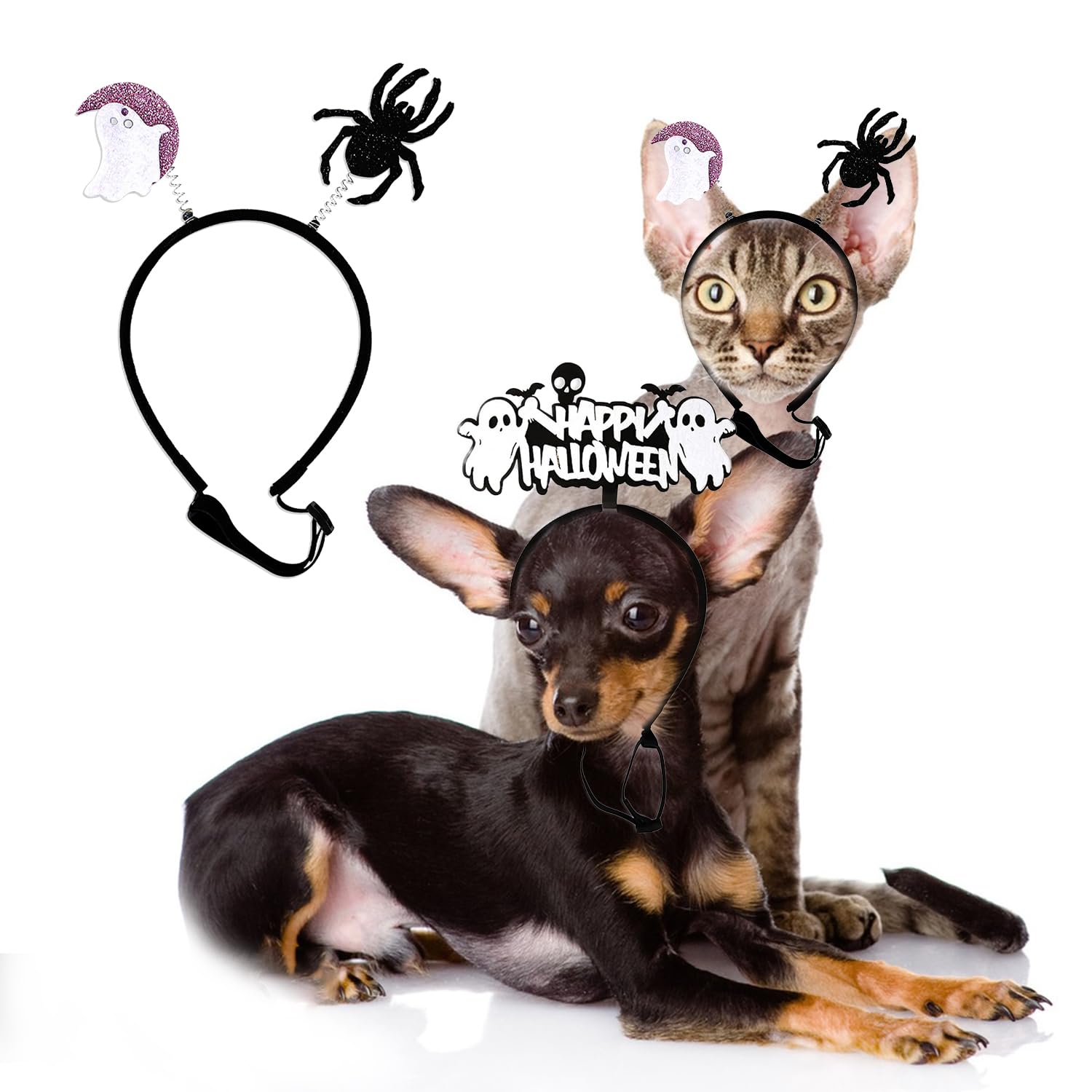 Bohue 3 Pieces Dog Halloween Headband Adjustable Head Band Ghost Spider Pumpkin Hairbands Pet Halloween Costume Accessories for Small Medium Cats Dogs - Image 4