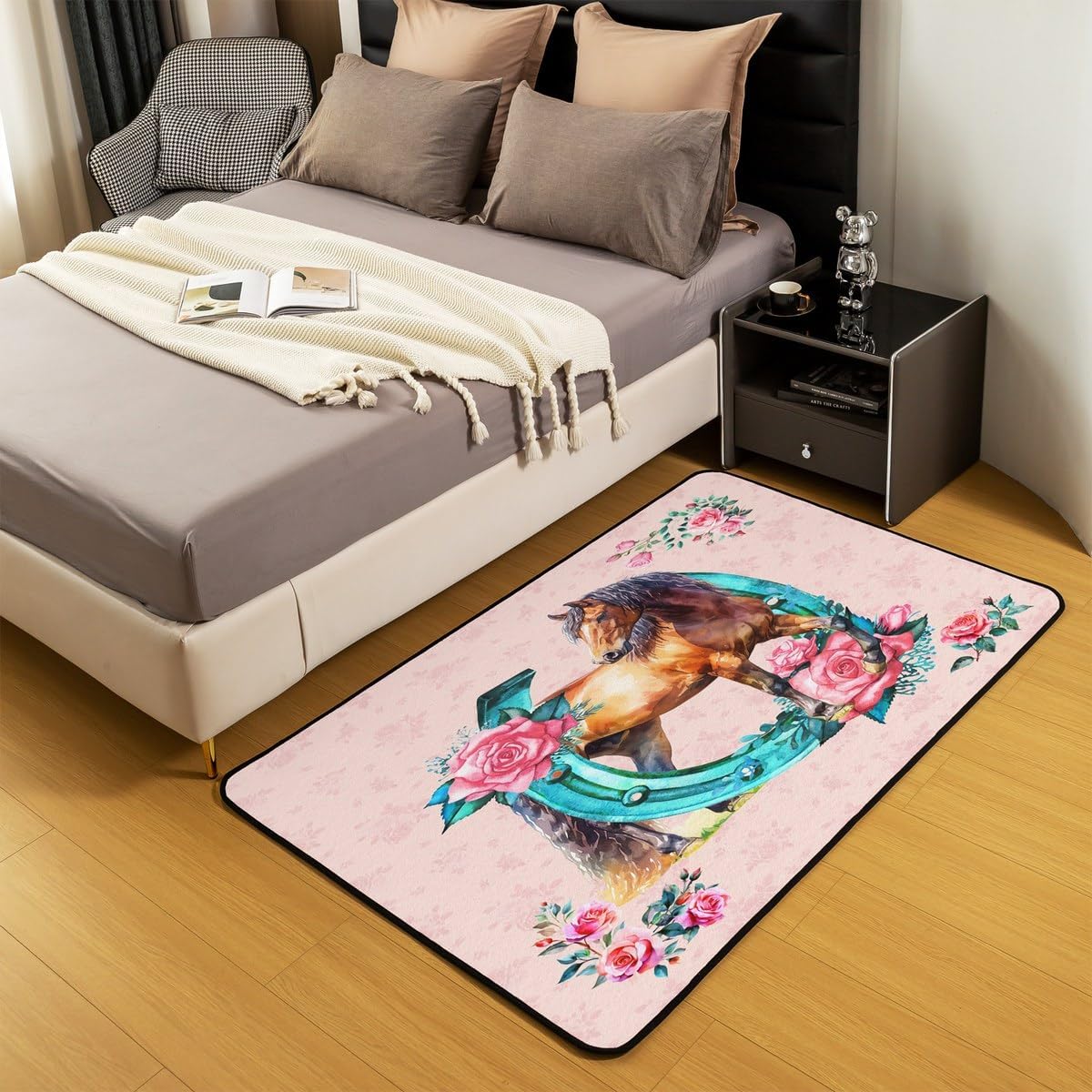 Feelyou Girls Horse Area Rug 3x5 for Women Farmhouse Horses Rose Decorative Carpet Horse Lover Room Decorative Pink Floral Print Rugs for Living Room Bedroom Floor Mat Western Horseshoe Accent Rug Mat