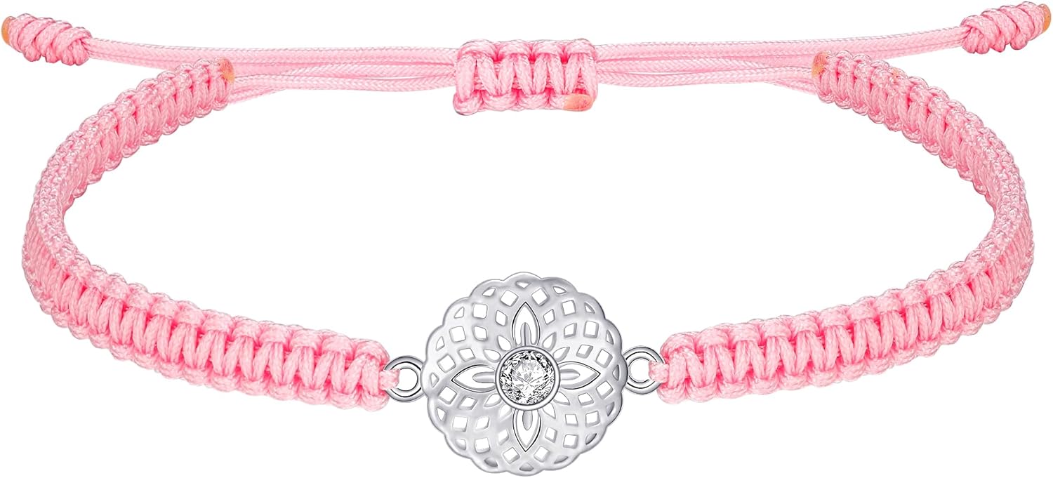 J.Endéar Mandala Flower Bracelet 925 Sterling Silver for Women, Handmade Braided Rope Pink String Adjustable Lady Jewelry, Yoga Meditation Buddhist Spiritual Lucky Amulet Gift