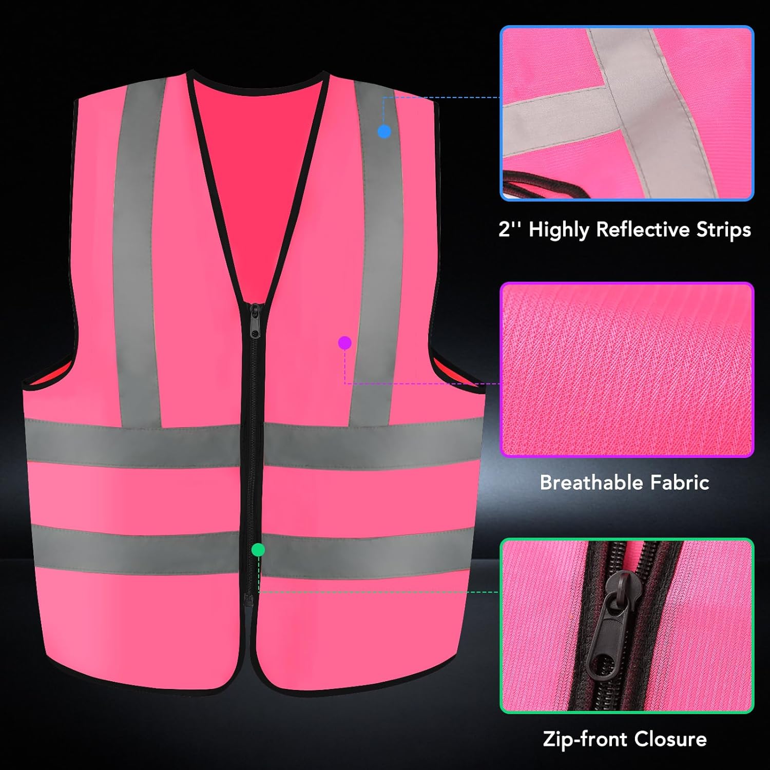 3-Pack Reflective Safety Vest For Women Men - High-Visibility Safety Vest with 2in Reflective Strips for Emergency, Construction, and Safety Use-Pink XL - Image 2