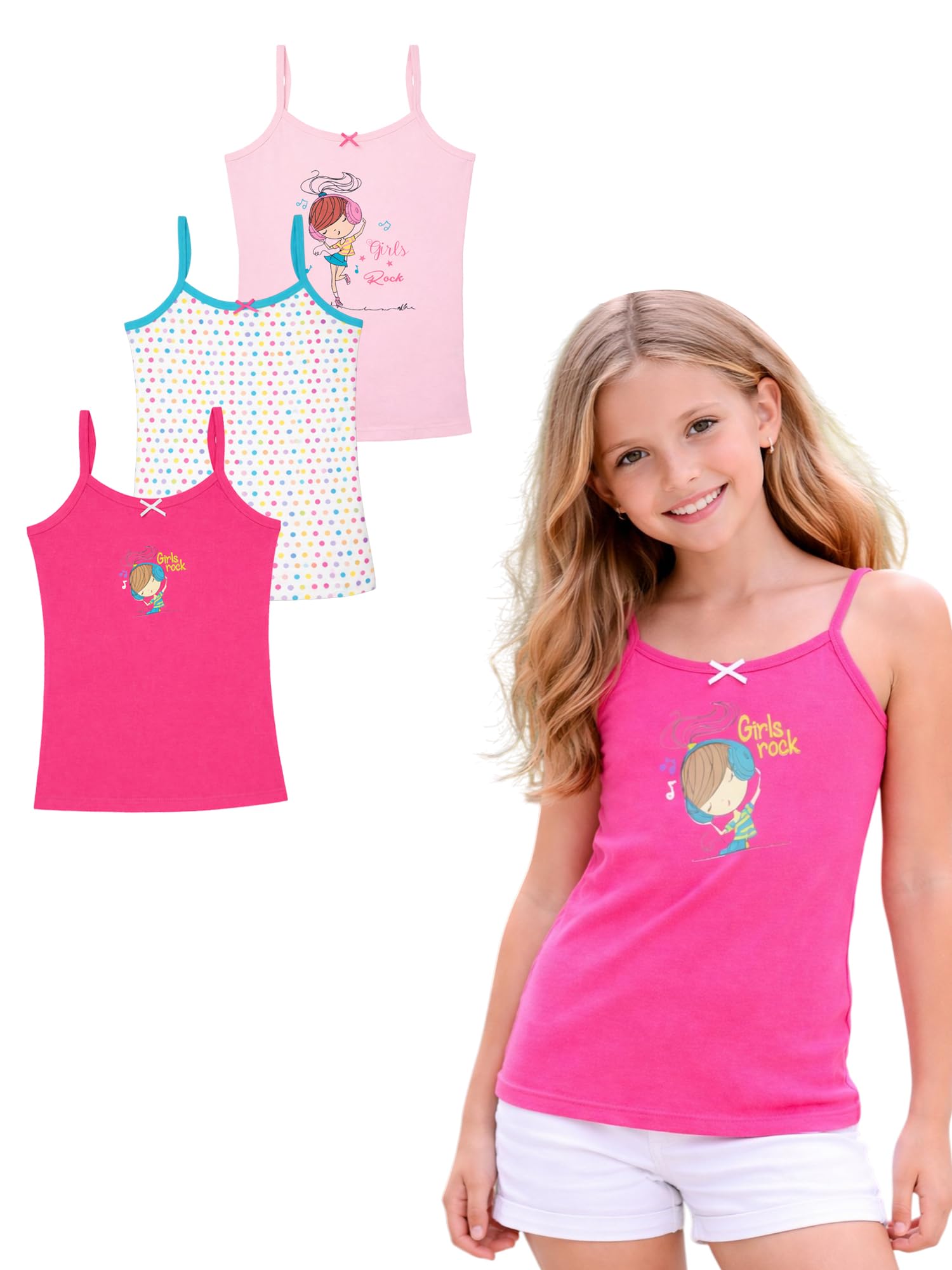 Kids Girls Assorted Coloured Printed Dori Vest Pack of 3