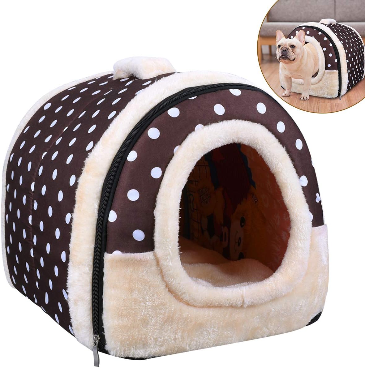 OZUAR 2 in 1 Dog Bed House Cat Igloo Pet House and Sofa Foldable Winter Soft Warm Dog Bed Removable Cushions For Cat Dog Puppy Rabbit Coffee Dot (45×35×35cm)