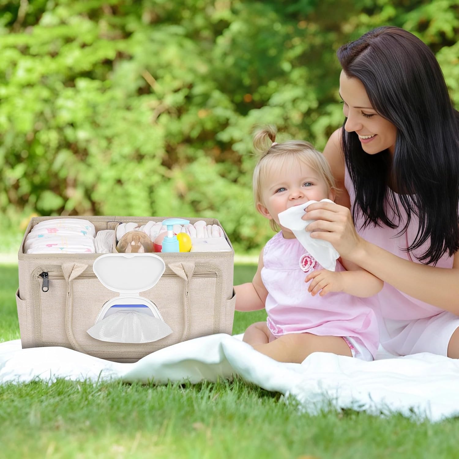 Volnamal Diaper Caddy with Wipe Dispenser One-Handed Access, Premium Diaper Organizer, Portable Car Organizer Nursery Basket for Newborn Essentials, Baby Registry Must Haves for Boys & Girls, Beige