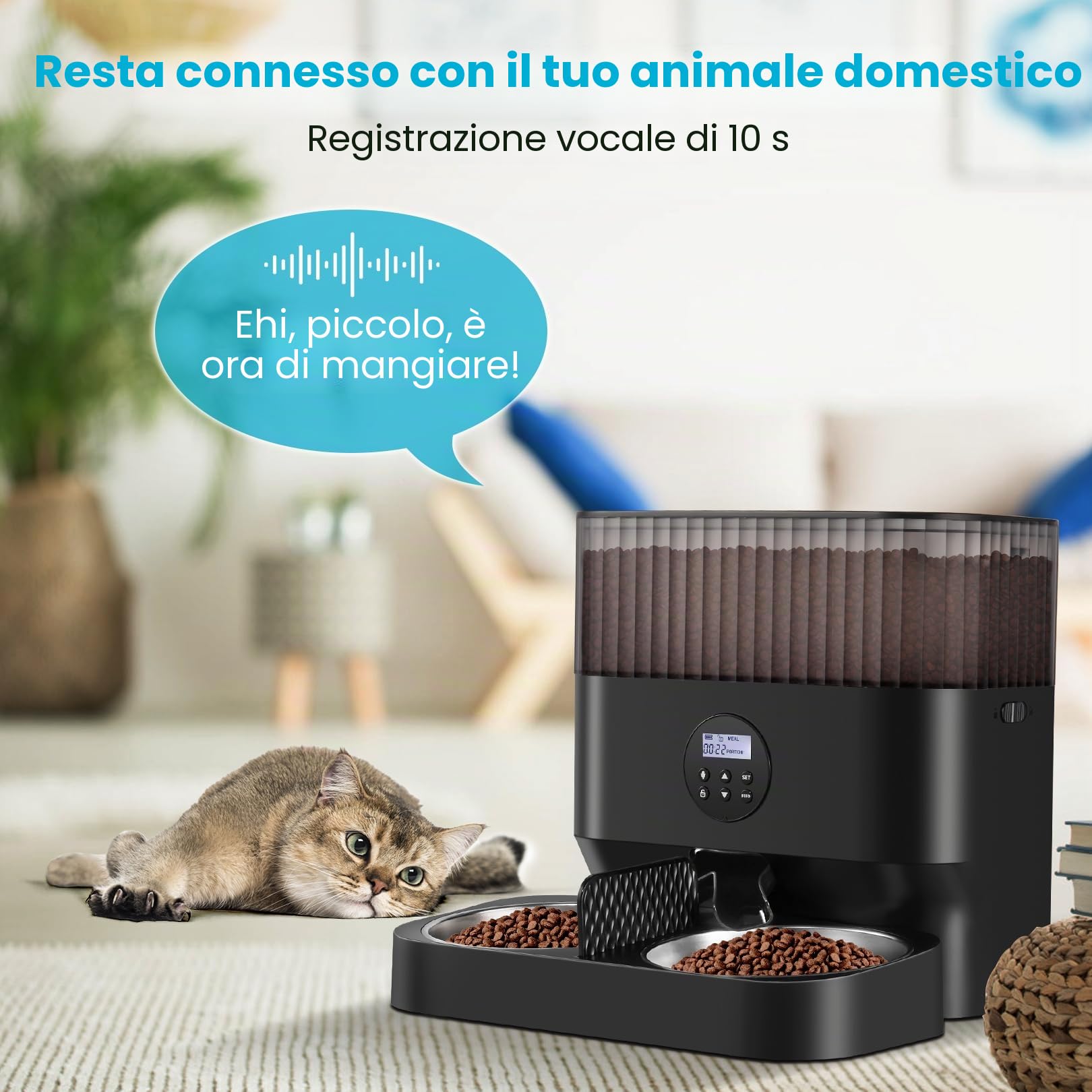 Sailnovo Futterautomat Katzen & Hunde, 5L Automatischer Futterspender für Hunde mit Zwei Stahlschalen, Portionskontrolle, Sprachaufzeichnung, bis zu 4 Mahlzeiten pro Tag, Schwarz