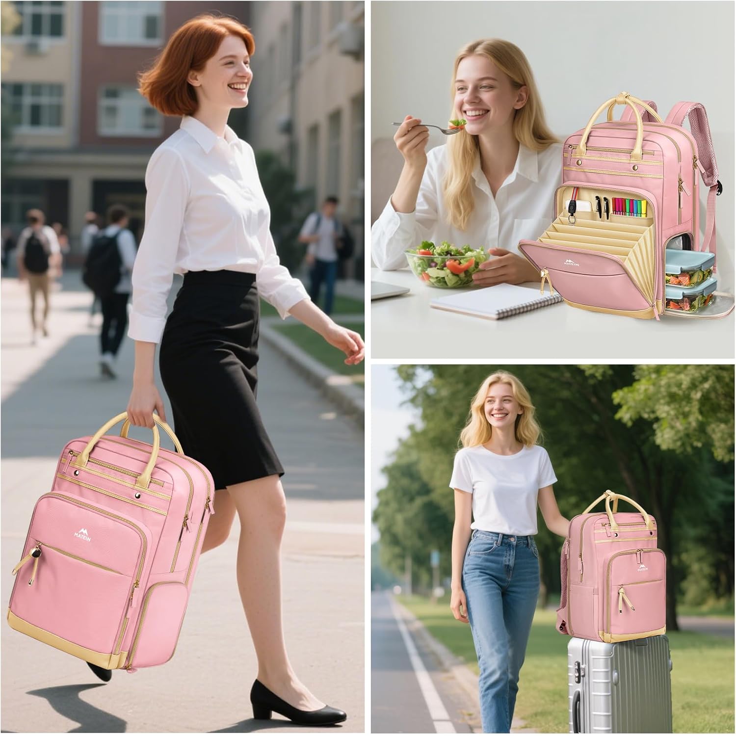 MATEIN Lunch Backpack for Women, Teacher Backpack with Lunch Compartment Detachable, Fit 15.6 Inch Laptop, College Computer Backpacks Meal Prep Work Bag Gift for Nurse Commute Office, Pink