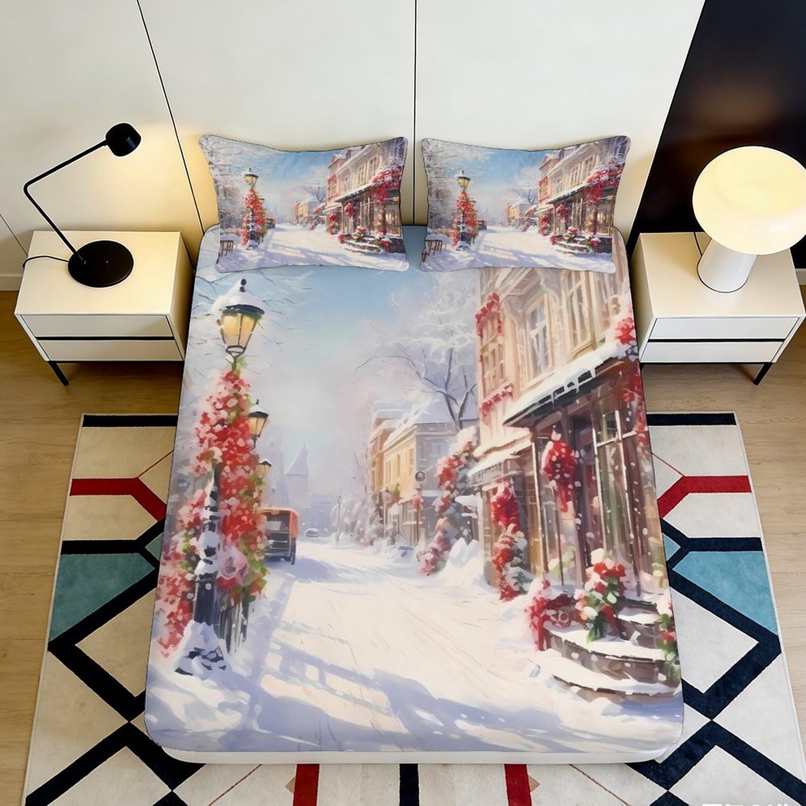 3D Printed Snow Scene Fitted Sheet Microfiber Deep Pocket Non-Slip Bedroom Bedding Snowy Mattress Fitted Cover Washable Protection 90x200x25cm
