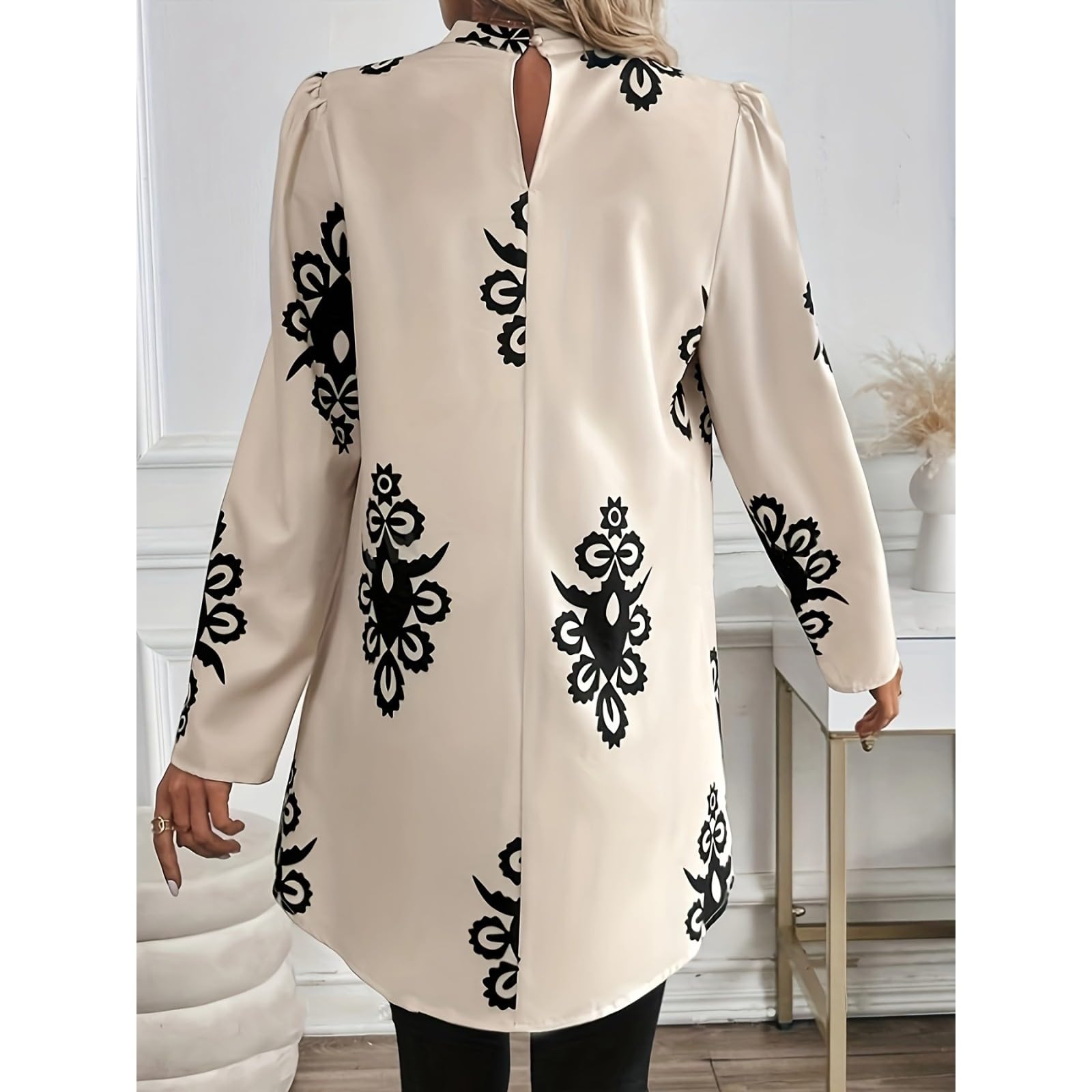 LKSCY - Camicetta da donna in raso vintage con motivo floreale, girocollo, maniche a sbuffo, vestibilità ampia, con orlo a spacco laterale, per ufficio, casual e autunnale