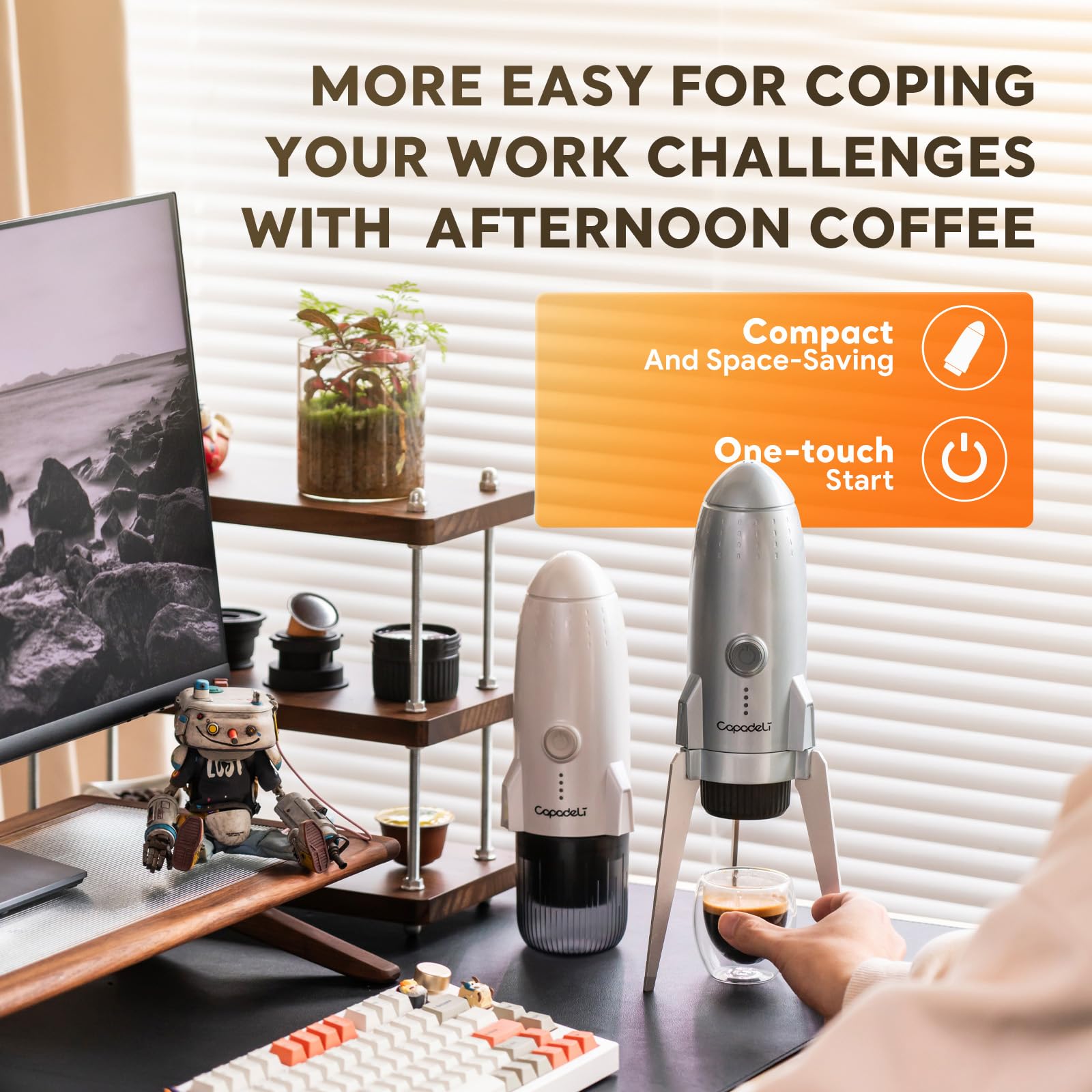 RECAFIMIL Macchina per caffè espresso portatile 3 in 1 macchina da caffè elettrica da campeggio autoriscaldante con USB-C, compatibile con capsule NS/DG e caffè macinato per viaggiare a casa (bianco)