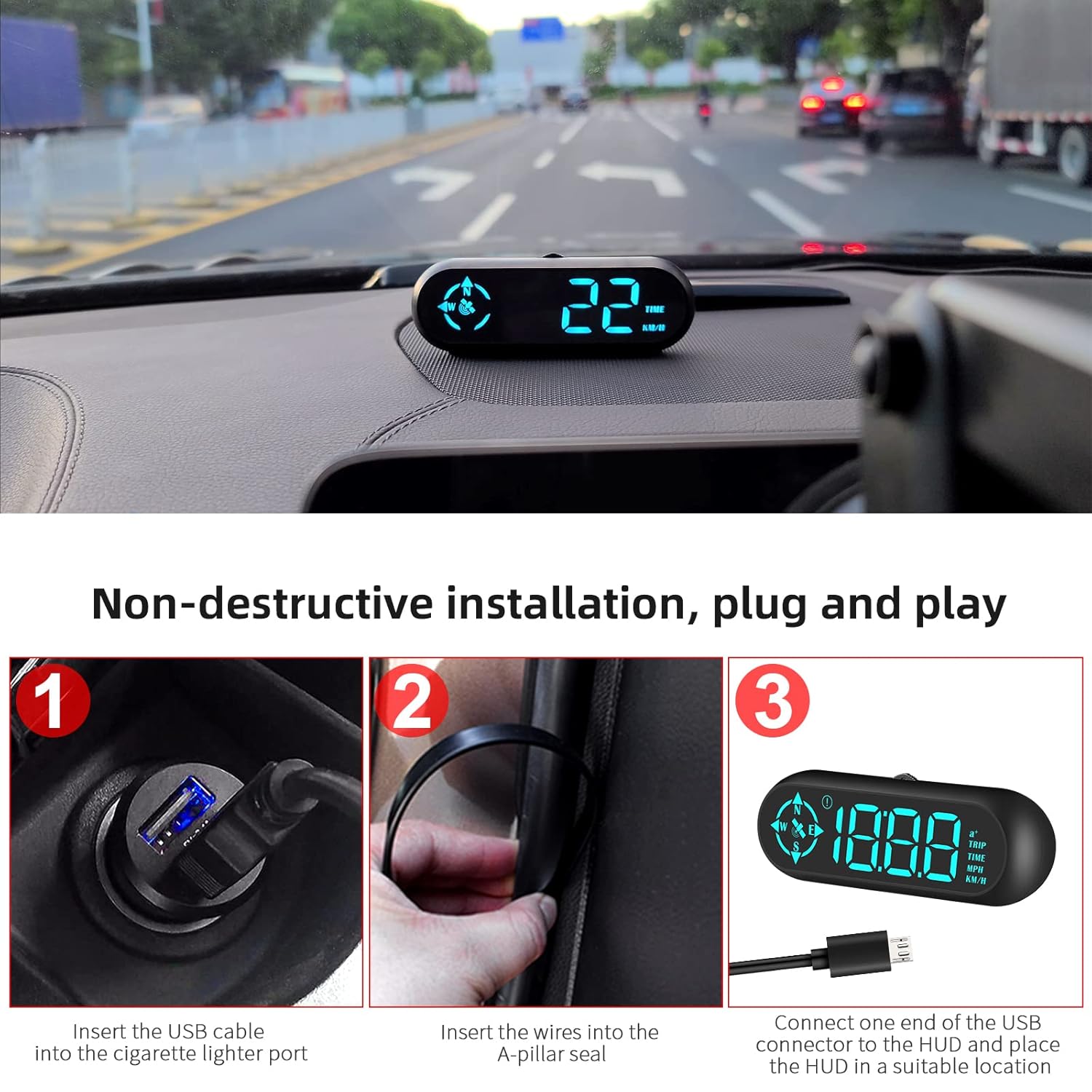7 Light Colors USB GPS Car HUD Head Up Display KM/H MPH Speedometer Speeding Alarm Fatigue Driving Reminder Compass Car Auto Accessories