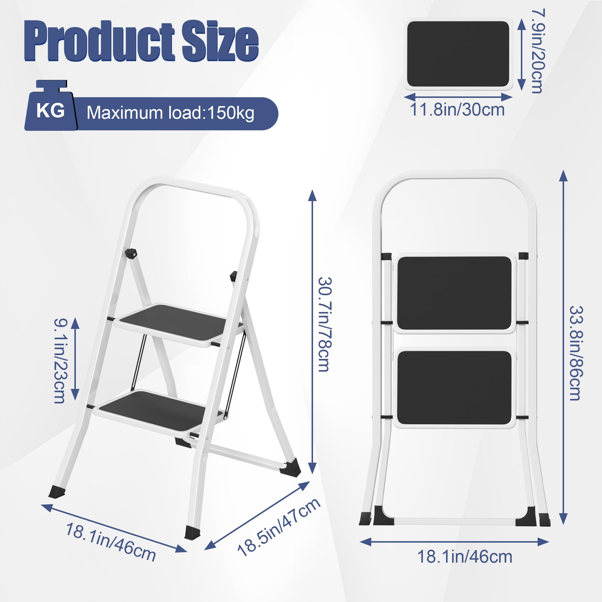 LARS360 Scala pieghevole a 2 livelli, in acciaio con gradini antiscivolo, portata 150 kg, pieghevole, per casa, cucina, ufficio, salvaspazio, solo 5 cm (nero + bianco)
