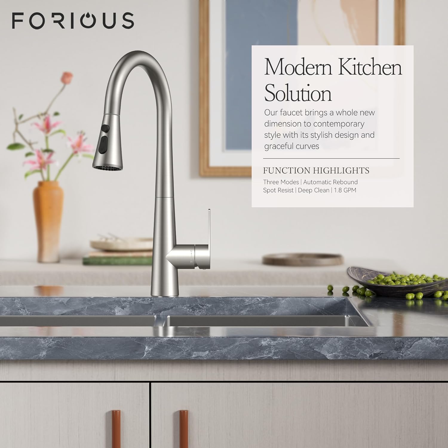 FORIOUS High Kitchen Faucet with Pull Down Sprayer Brushed Nickel, High Arc Stainless Steel Faucet for Kitchen Sink Single Handle 3 Modes with Deck Plate for 1 or 3 Hole, Fit for RV Bar Laundry