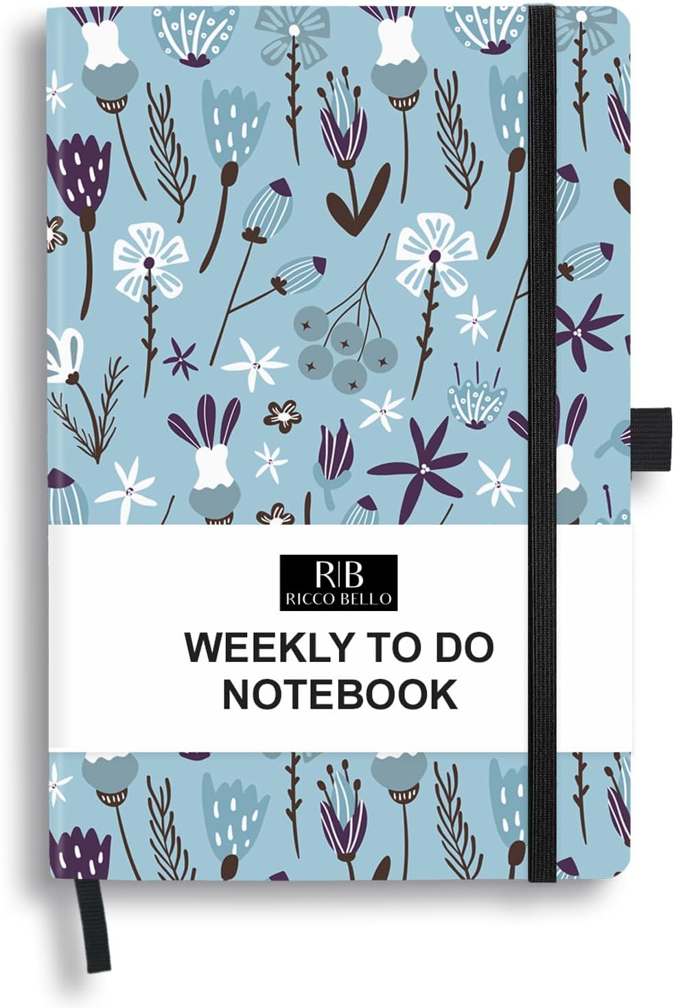 RICCO BELLO Undated Weekly Planner To Do Notebook | Hardcover, for Work, School, Home with Pen Loop, Bookmark, Band Closure, Storage Pocket, 5.7 x 8.4 Inches (Blue Floral)