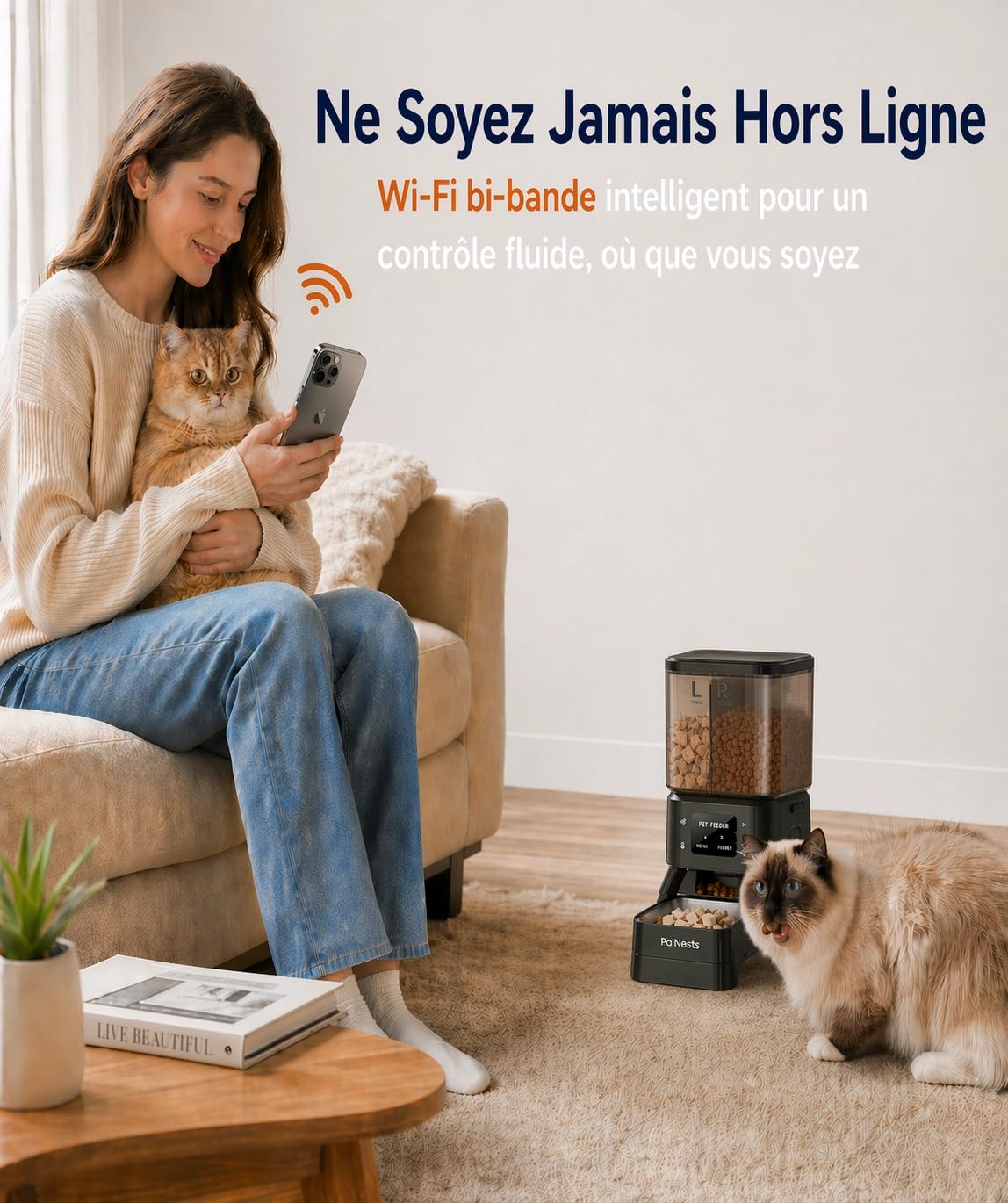 Distributeur de Croquettes pour Chat Automatique PalNests, Distributeur à Double Trémie 4L, Nourriture Connectée 5G/2.4G avec Programme Personnalisé, Bol en Acier Inoxydable
