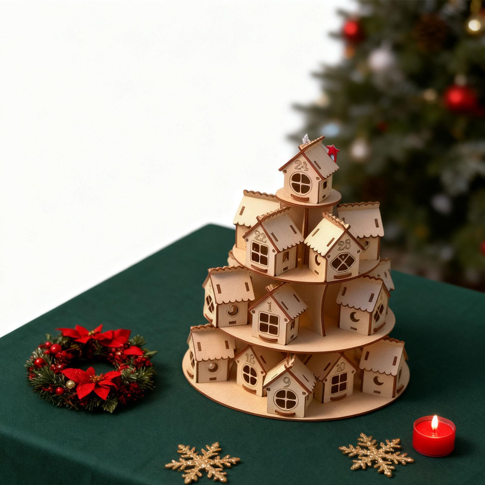 Weihnachtskalender Adventskalender Holzhaus Dekoration Countdown-Ornament aus Robustem Holz für Festliche Dekorationen für Wohnzimmer Büro Geschenk