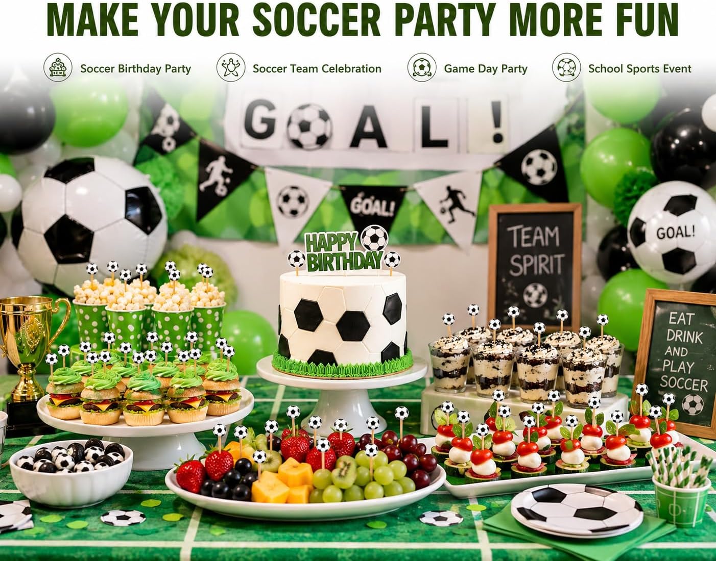 100 PCS 3D Soccer Ball Cocktail Picks with 50 PCS Soccer Stickers, Premium Bamboo Food Picks for Appetizers, Cupcakes, Charcuterie Boards, Soccer Birthday Party Decorations Supplies