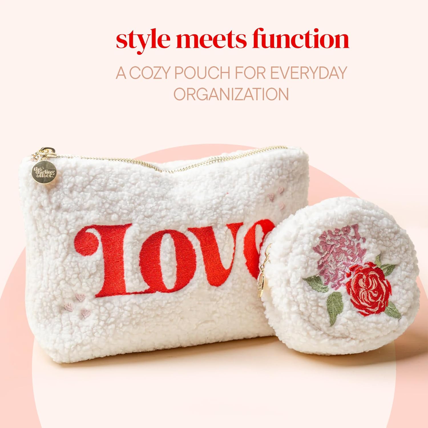 The Darling Effect Teddy Pouch – Festive Plush Zipper Cosmetic & Travel Bag – Cozy Teddy Pouch for Makeup, Purse Organization & Seasonal Gifting, Love