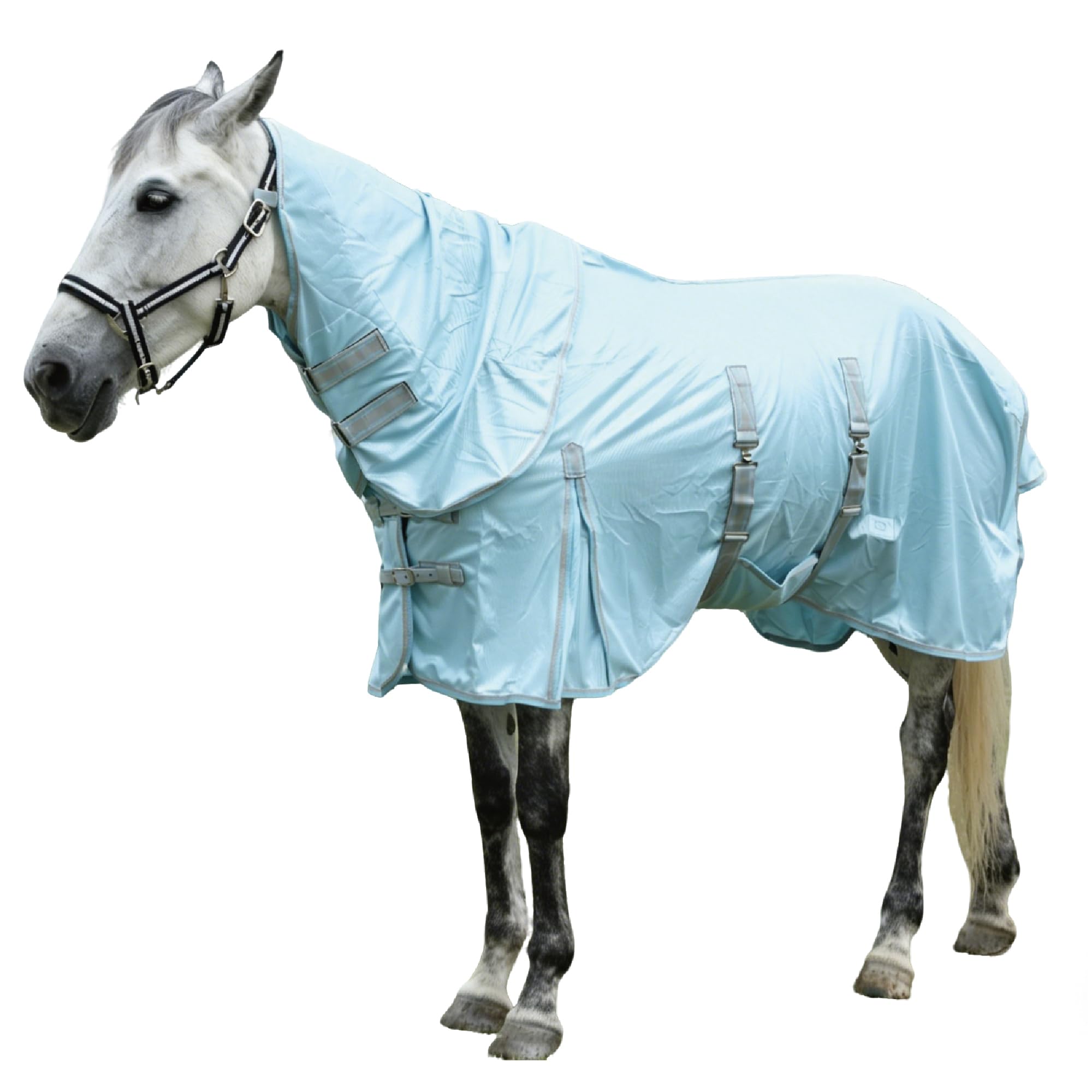 Manta antimoscas para caballos con parte del cuello, transpirable, ligera y resistente al desgarro, color azul, 155 cm