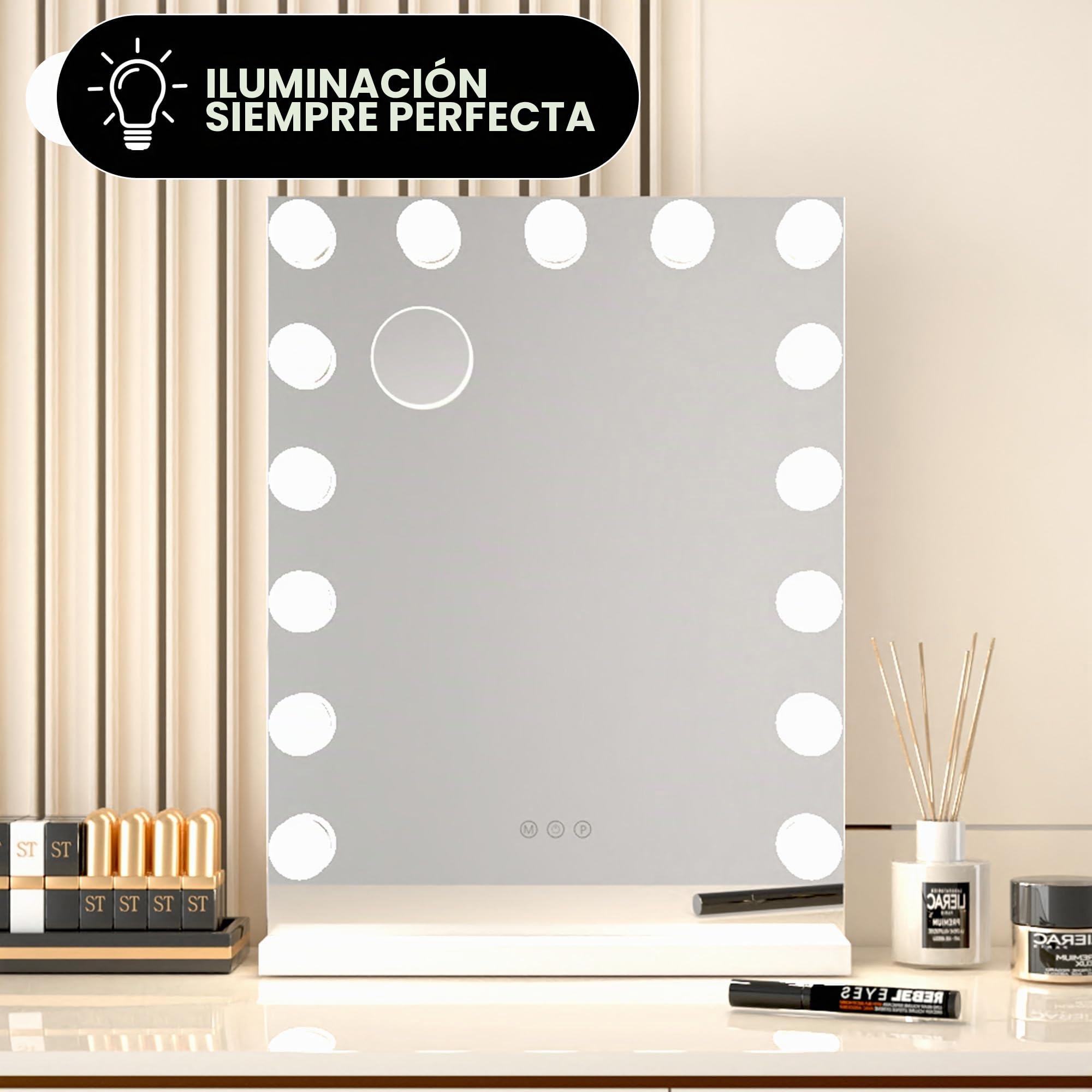 Bayt Hollywood Espejo 43 x 60 cm, Espejo Maquillaje con 15 Luces, Espejo de Aumento 10x, Regulable, Ampliación, Blanco