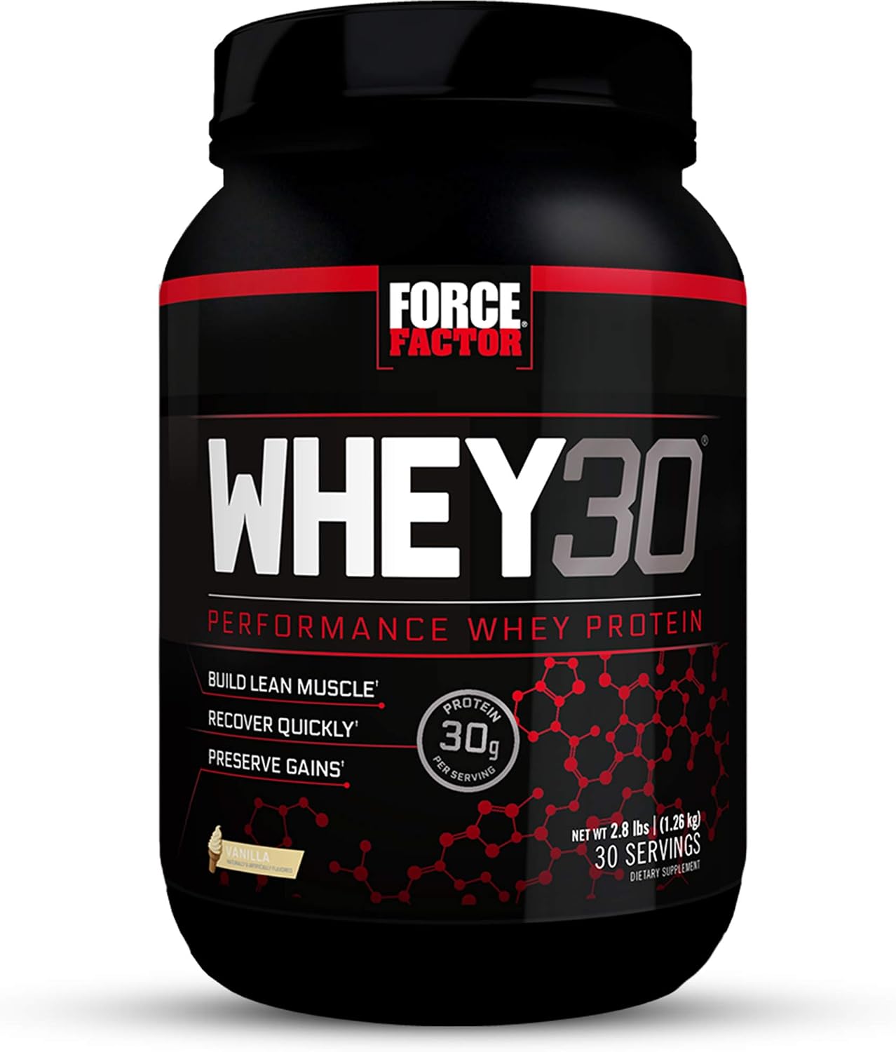WHEY30 Performance Whey Protein Powder with 30g of Protein per Scoop to Build Lean Muscle, Recover Quickly, and Preserve Gains for Stronger Body and More Muscle Mass, Force Factor, 3 Pounds
