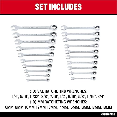 Miniatura 5 de CRAFTSMAN Juego de llaves combinadas de trinquete de 20 piezas, SAEmétricas (CMMT87220)