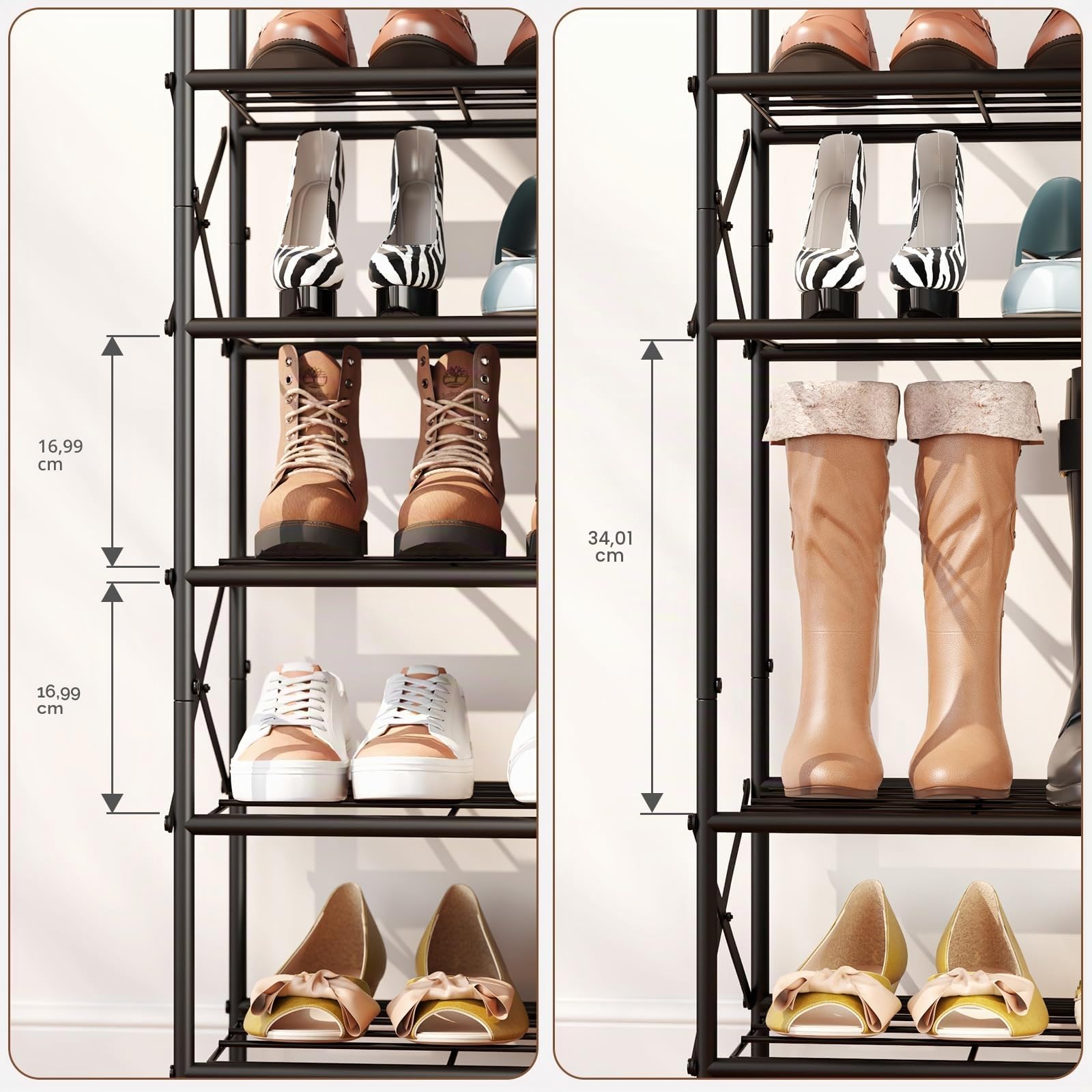 IBUYKE Zapatero con 10 Niveles, Gran Capacidad Estantería para Zapatos para 40 Pares de Zapatos, Organizador de Zapatos de Metal para Entrada Pasillo Sala de Estar, Marrón Rústico y Negro TXJ010H
