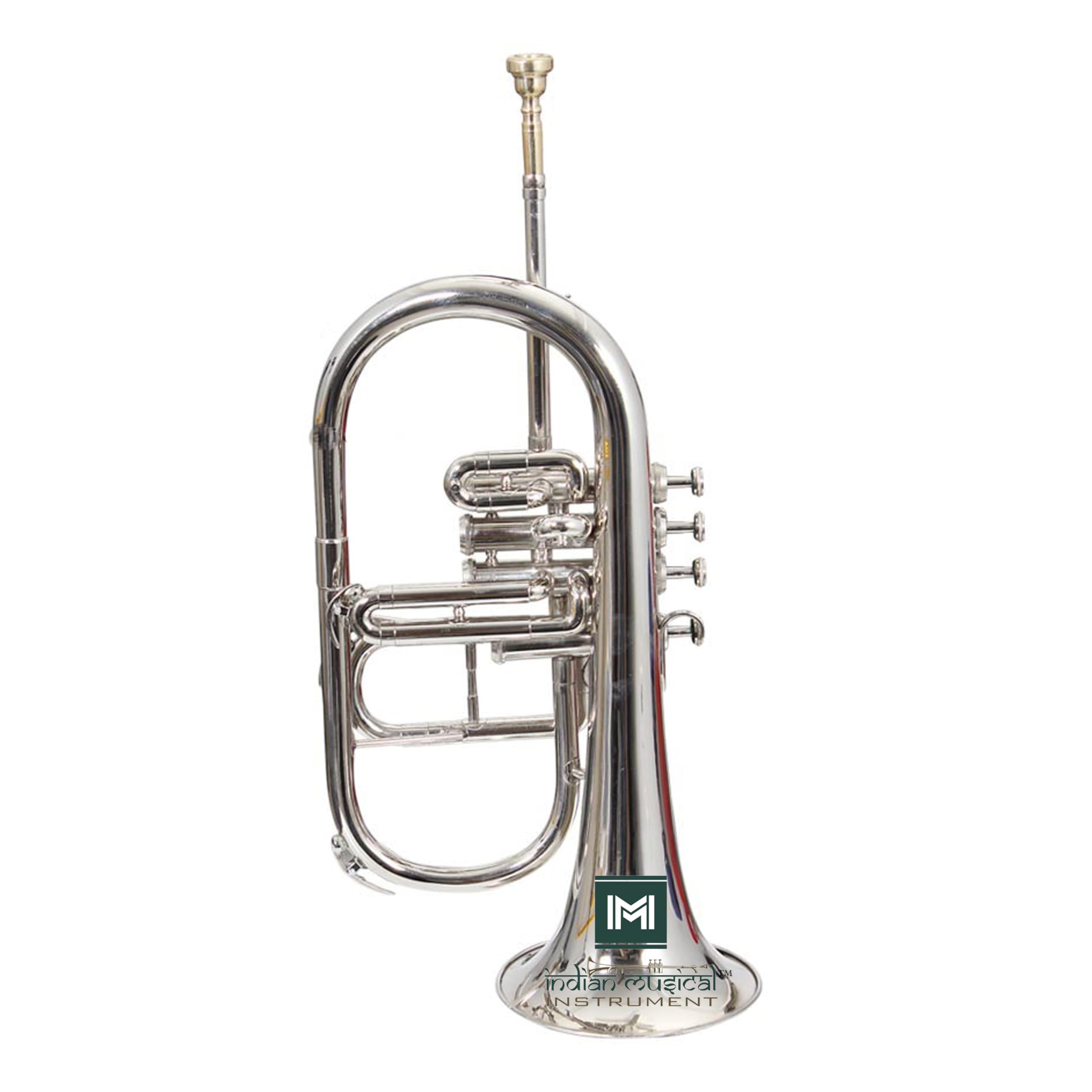 Bocina de flúgel de instrumento musical indio, 4 válvulas, paso Bb de latón de alta calidad con funda rígida y boquilla (plateado)