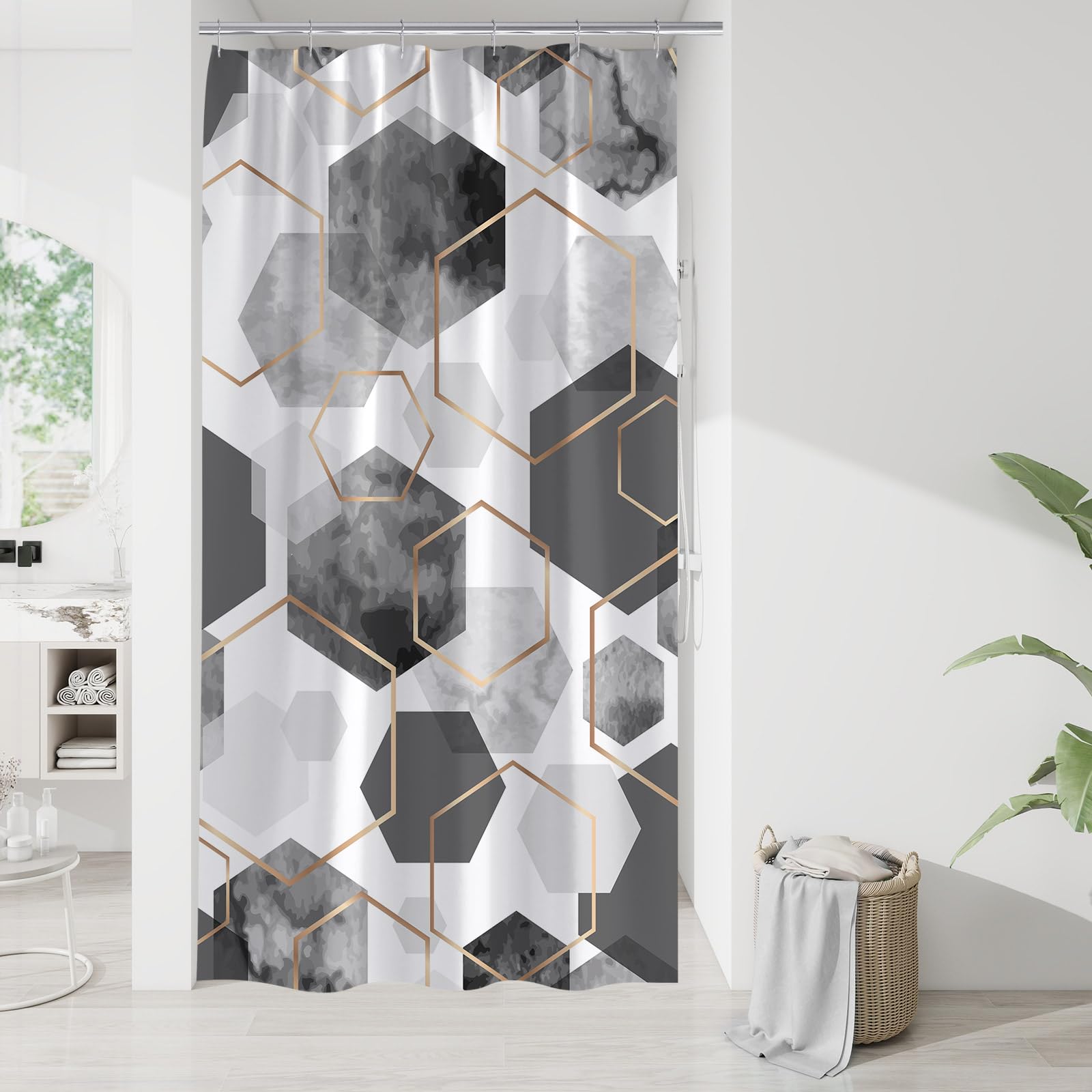 Litabel Modern Small Stall Shower Curtain for Bathroom, Grey Geometric Art Decor Waterproof Bath Curtain, Abstract Fabric Shower Curtain Sets for Home