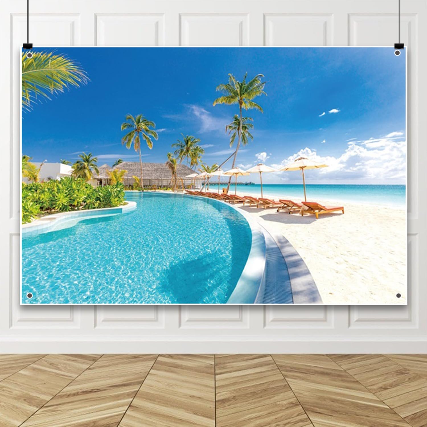 Amazon | Qinunipoto 海の背景 青い海背景布 1.5x1m ヤシの木 プール