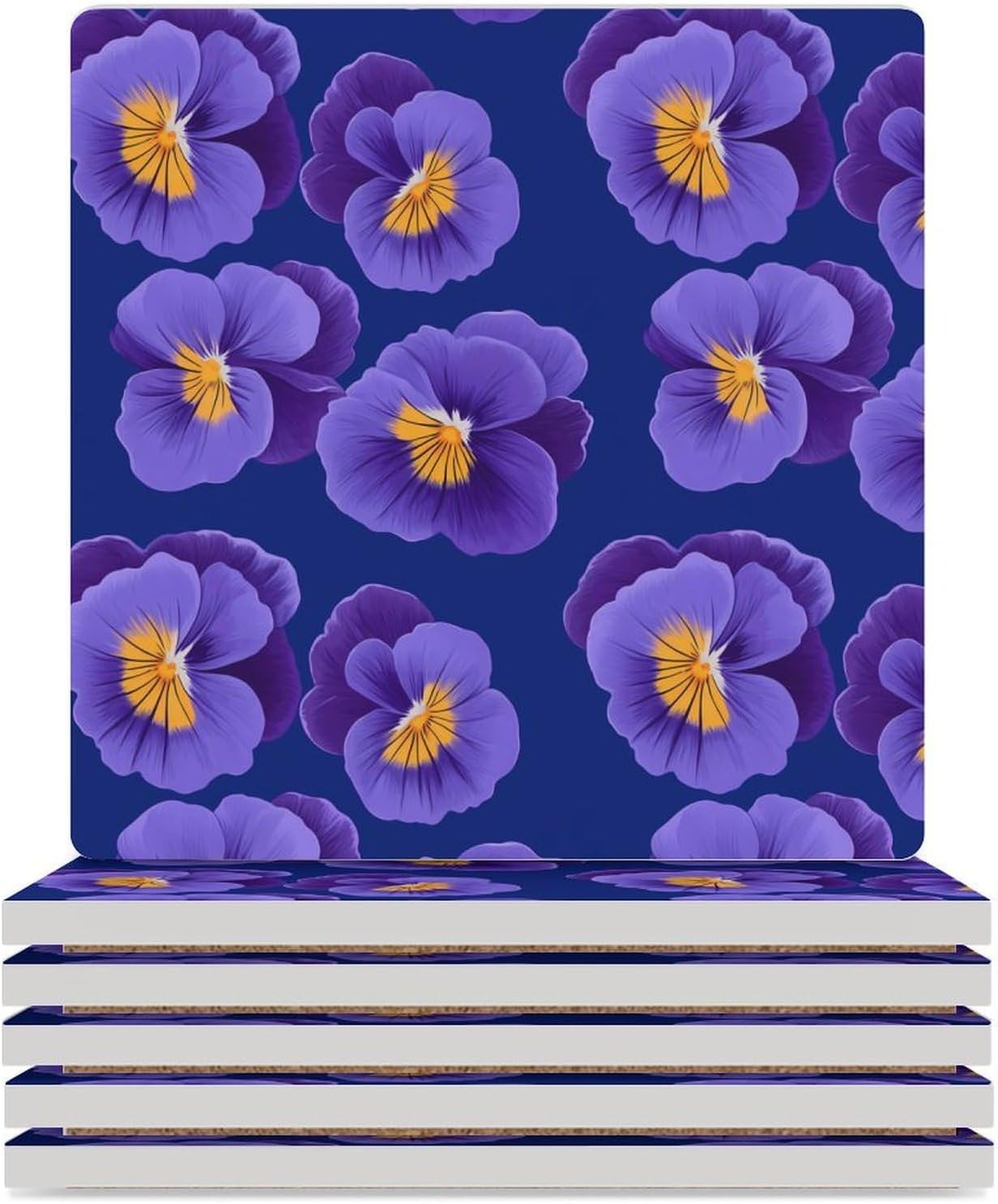 Purple Pansies Flowers Funny Ceramic Coasters for Drinks Absorbent Cup Holder Tabletop Protector with Cork Base