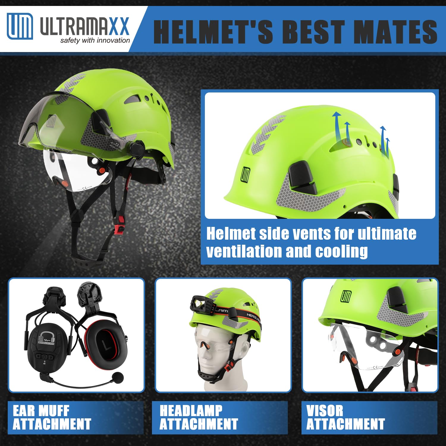 UM ULTRAMAXX Casque de sécurité avec visière intégrée, design ventilé, certifié ANSI Z89.1, idéal pour l'industrie et la construction