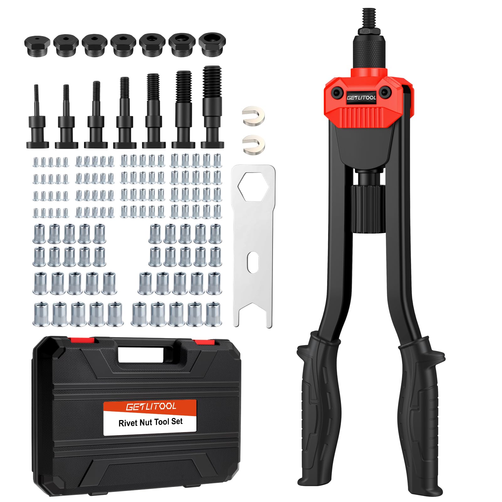 GETLITOOL Nietmutternzange Set, 40cm Nietzange inkl. 120 Nietmuttern, M3-M12 Dorne, Gewindenieten Zange Set für Kfz-Reparatur Metall Holz Möbel, Rutschfest Griff Einnietmutternzange mit Tragekoffer