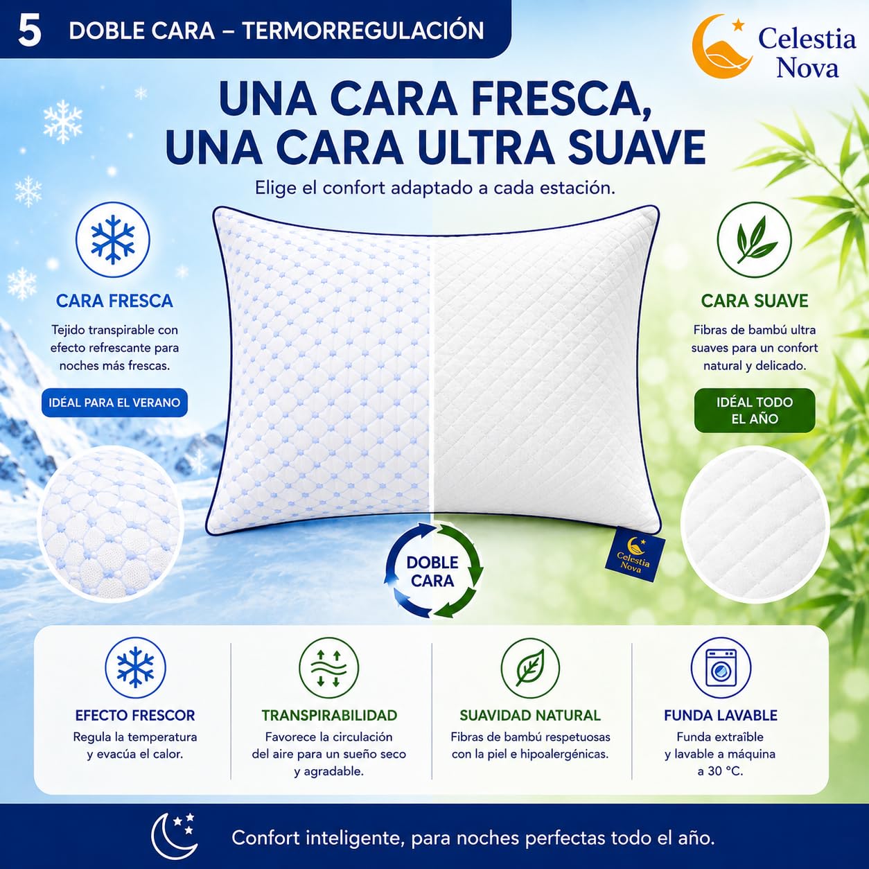 Celestia Nova Almohada ergonómica de Memoria para el Cuello Almohada ortopédica Ajustable para el Dolor de Cuello y Soporte en el Cuello – Doble Cara Fresca – Funda Lavable – 60x50 cm