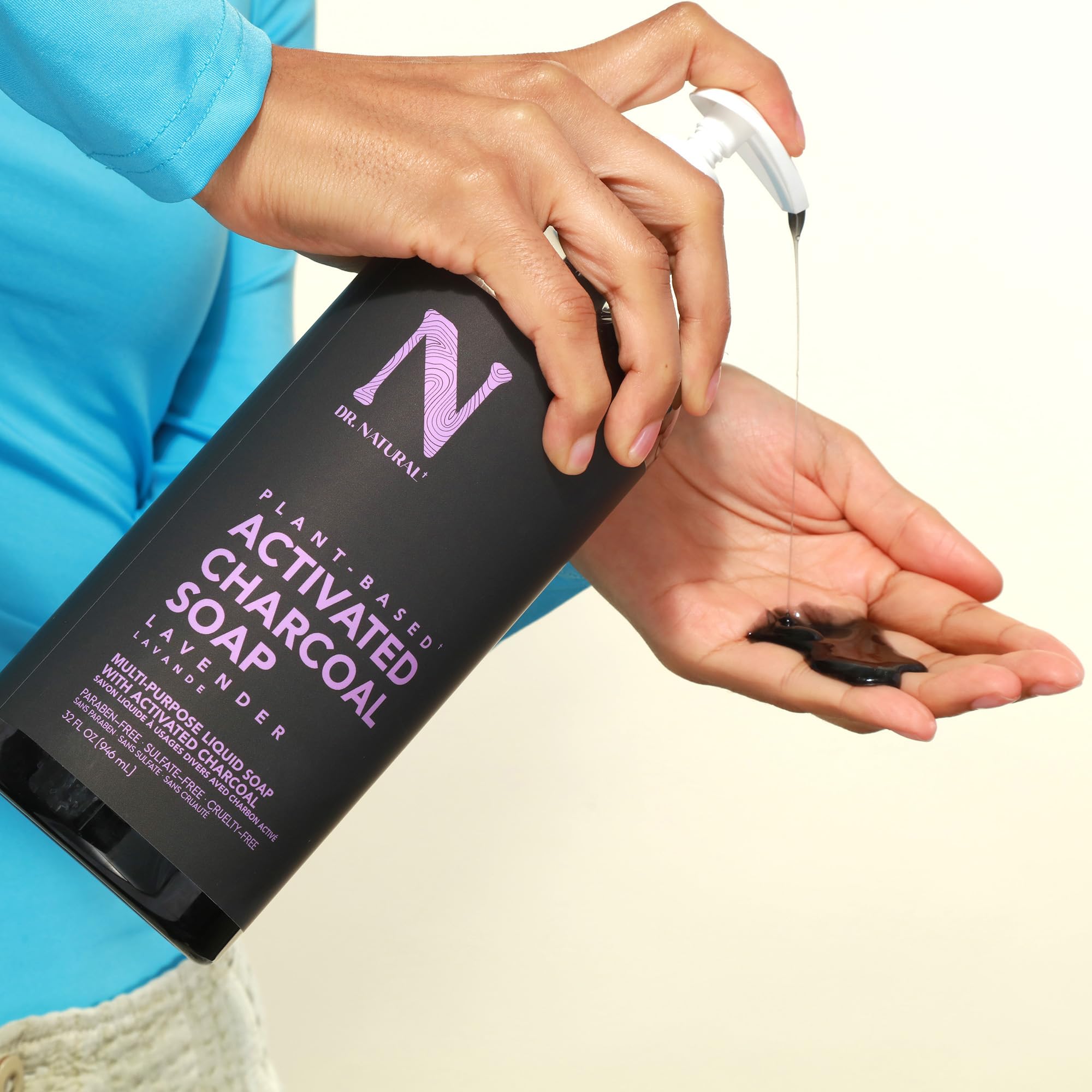 Dr. Natural Jabón líquido de carbón activado, antiacné y manchas, lavado corporal de limpieza profunda, jabón corporal suave para piel clara, lavanda, 946 ml