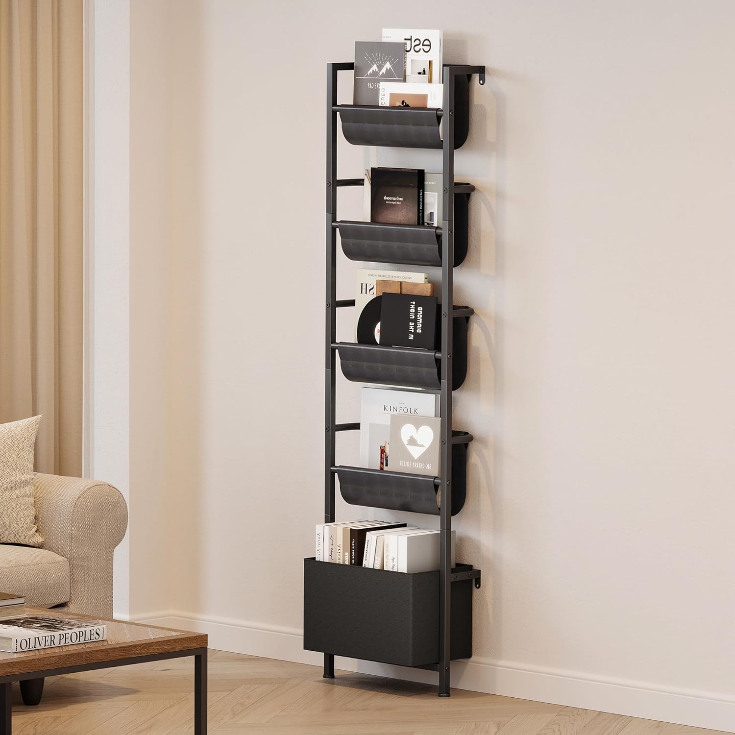 Homeiju Wall Mounted Kids Bookshelf with Storage Bin, 5-Tier Ladder Shelf, Suitable for Books, Toys, Magazines, Documents, Albums, Black