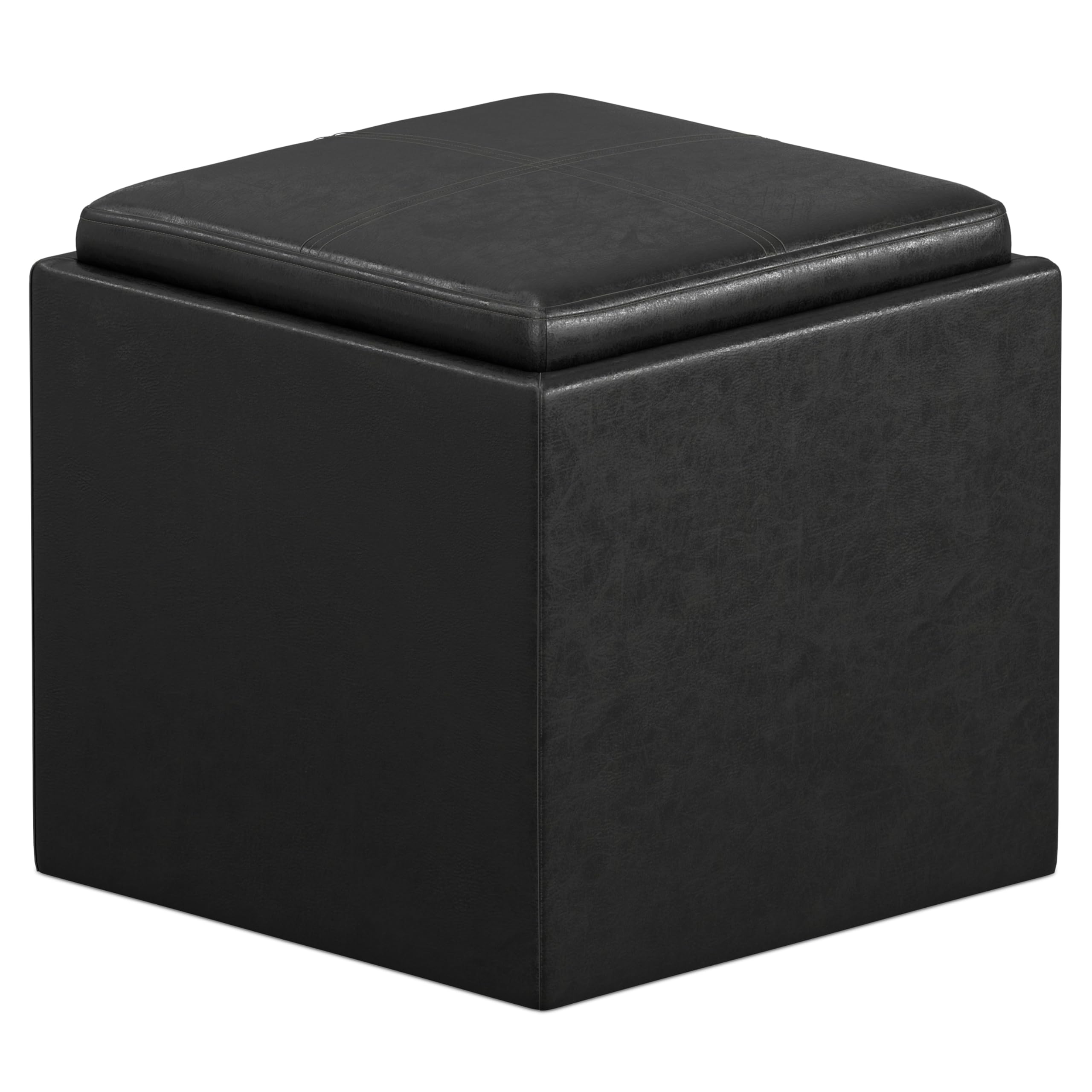 SIMPLIHOME Rockwood Cube Storage Ottoman with Tray - 17 inch Wide Upholstered Vegan Leather Square Storage Ottoman in Distressed Black, Contemporary
