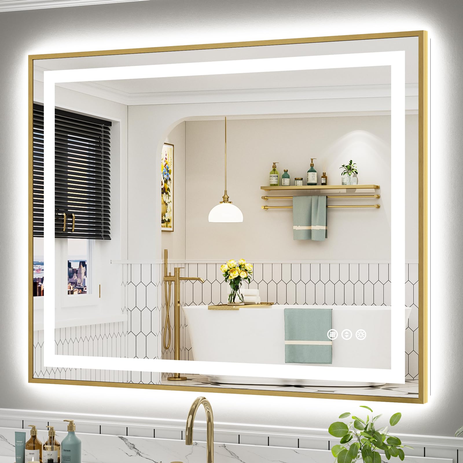 48x40 Inch LED Bathroom Mirror with Gold Frame, Backlit &amp; Front Lit