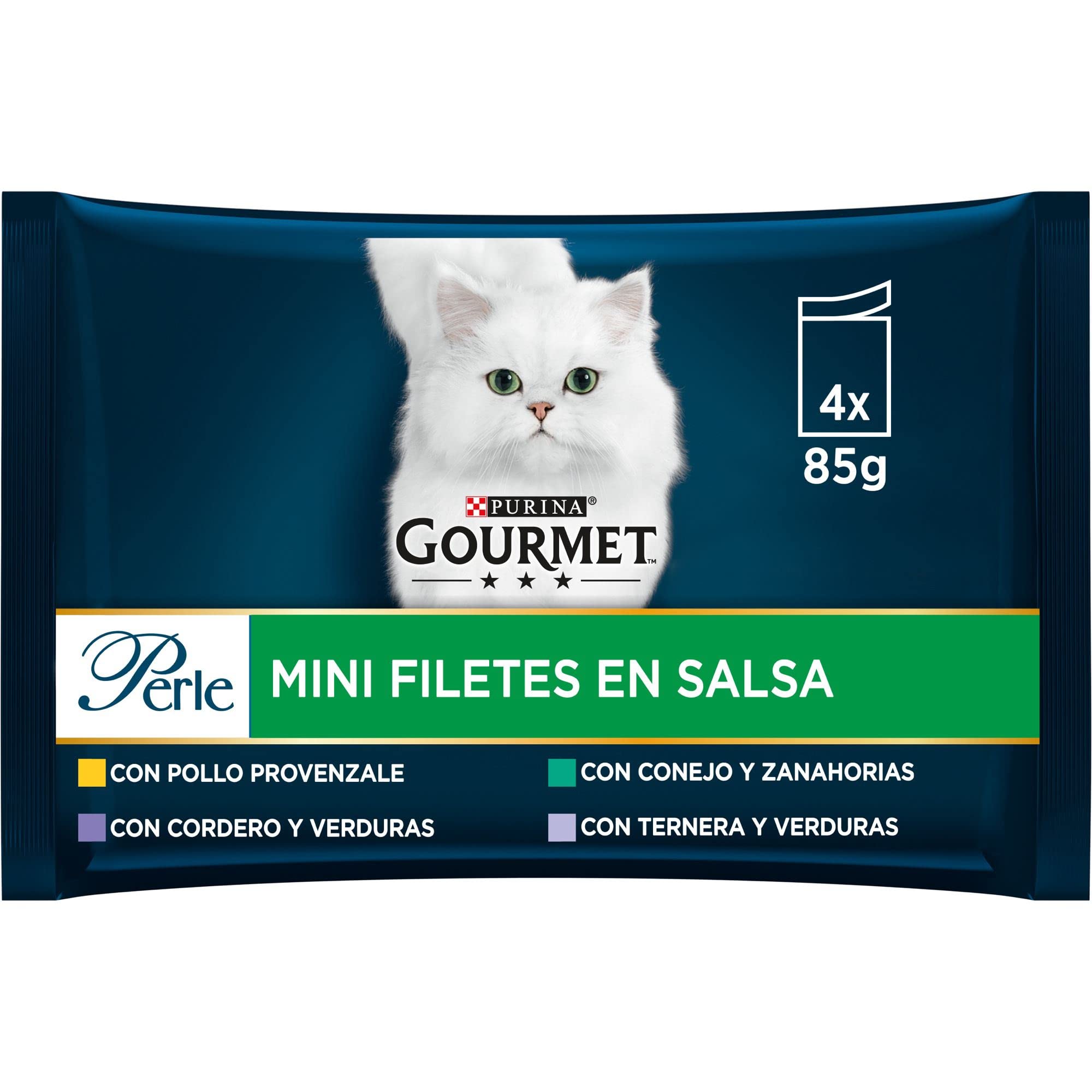 Gourmet Purina Perle Mini steki w sosie, mokra karma dla kota z kurczakiem, jagnięciną, królikiem i cielęciną, 12 opakowań po 4 saszetki 85g - 48