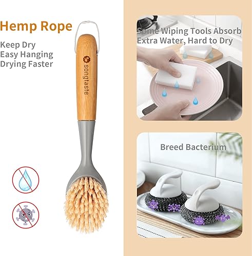 Miniatura 9 de Paquete de 2 cepillos de cocina con mango de bambú, raspador integrado, cepillo para sartenes, ollas, limpieza del fregadero de cocina, lavavajillas