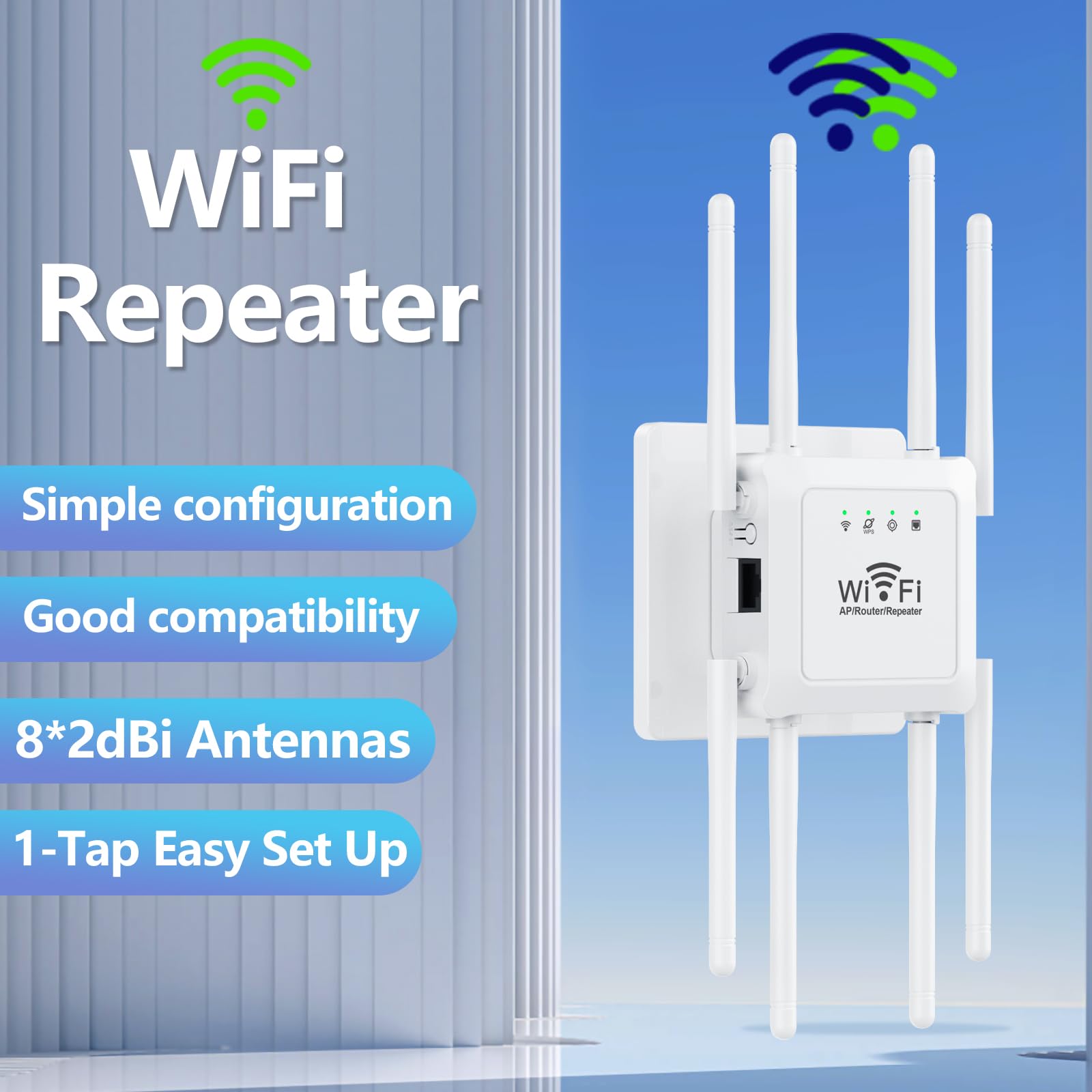 WiFi Extender Signal Booster, Long Range Wireless Internet Repeater for Home Cover up to 10,000 Sq.ft, WiFi Router Extender with Ethernet Port, 1-Tap Setup Signal Amplifier