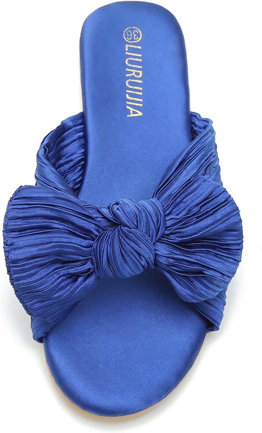 LIURUIJIA Women's Pleated Bow Slide Sandals - Cute Satin Knotted Flat Mules for Bridal Wedding, Summer Beach & Dressy Casual - Memory Foam - Image 6