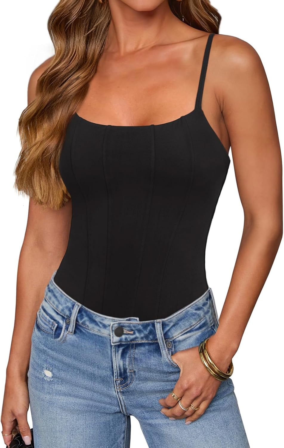 REORIA Women's Sexy Square Neck Adjustable Strap Bodysuit Sleeveless Backless Corset Tops Going Out Outfits