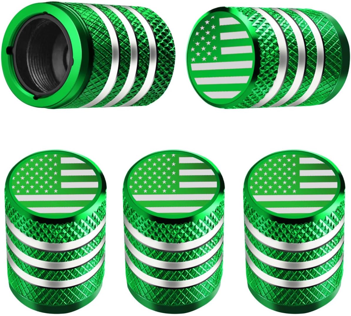DECURCAR Tire Valve Stem Caps - (5 Pack) Tire Air Cap Metal with Plastic Liner Corrosion Resistant Leak-Proof American Flag for Car Truck Motorcycle Bike Green