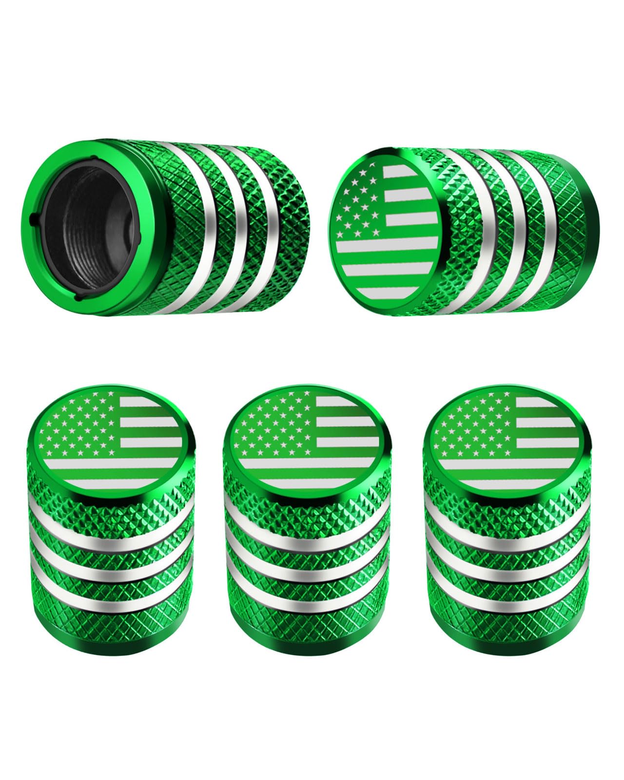 DECURCAR Tire Valve Stem Caps - (5 Pack) Tire Air Cap Metal with Plastic Liner Corrosion Resistant Leak-Proof American Flag for Car Truck Motorcycle Bike Green